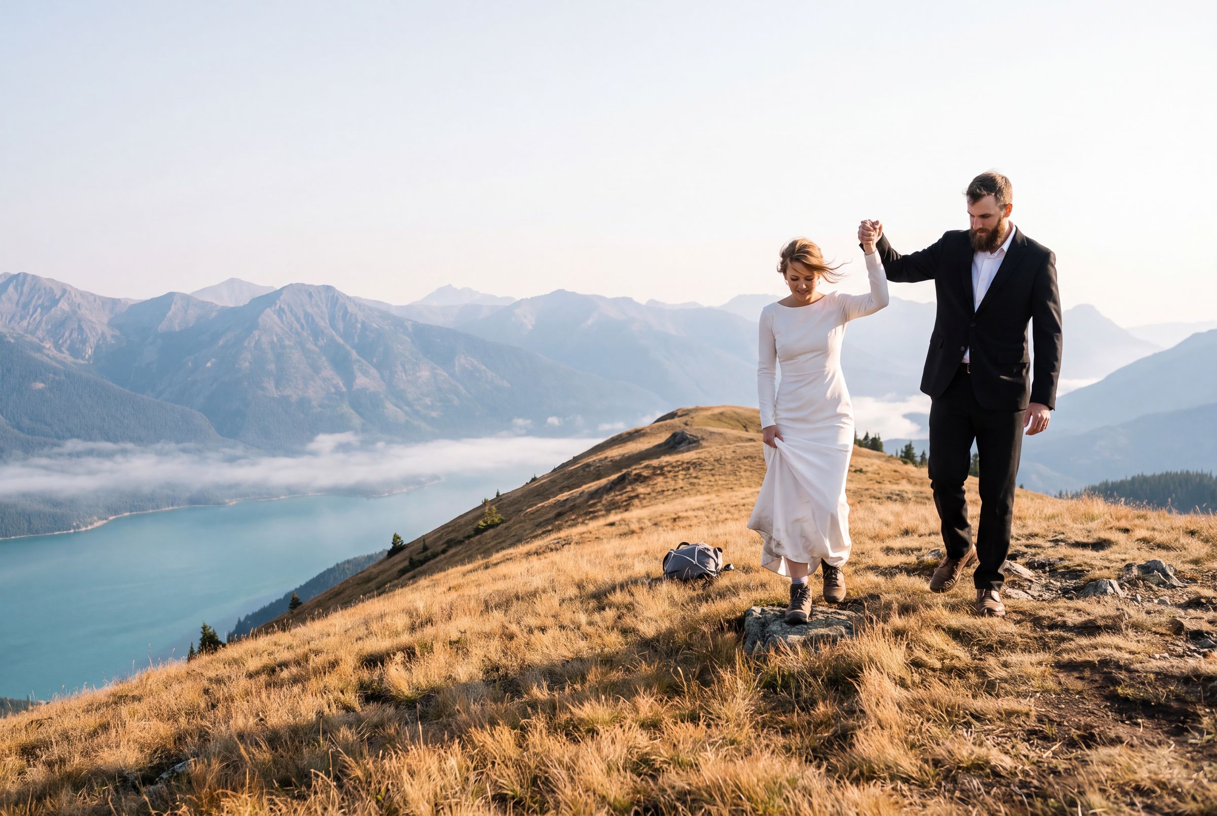 A couple walking a golden alpine ridge above a lake in Jasper National Park