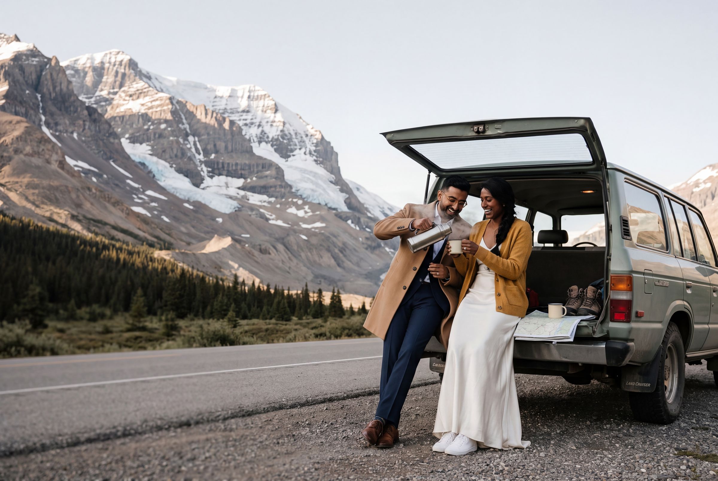 A couple at the tailgate of a vehicle on a mountain road in Jasper