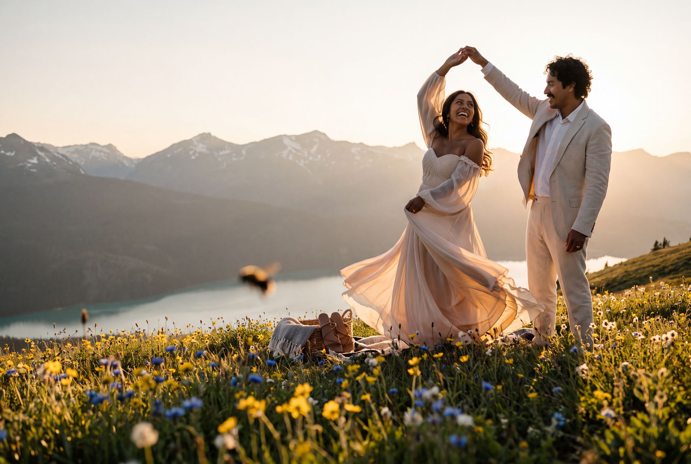 A couple dancing in a wildflower meadow with a lake and peaks behind in Jasper