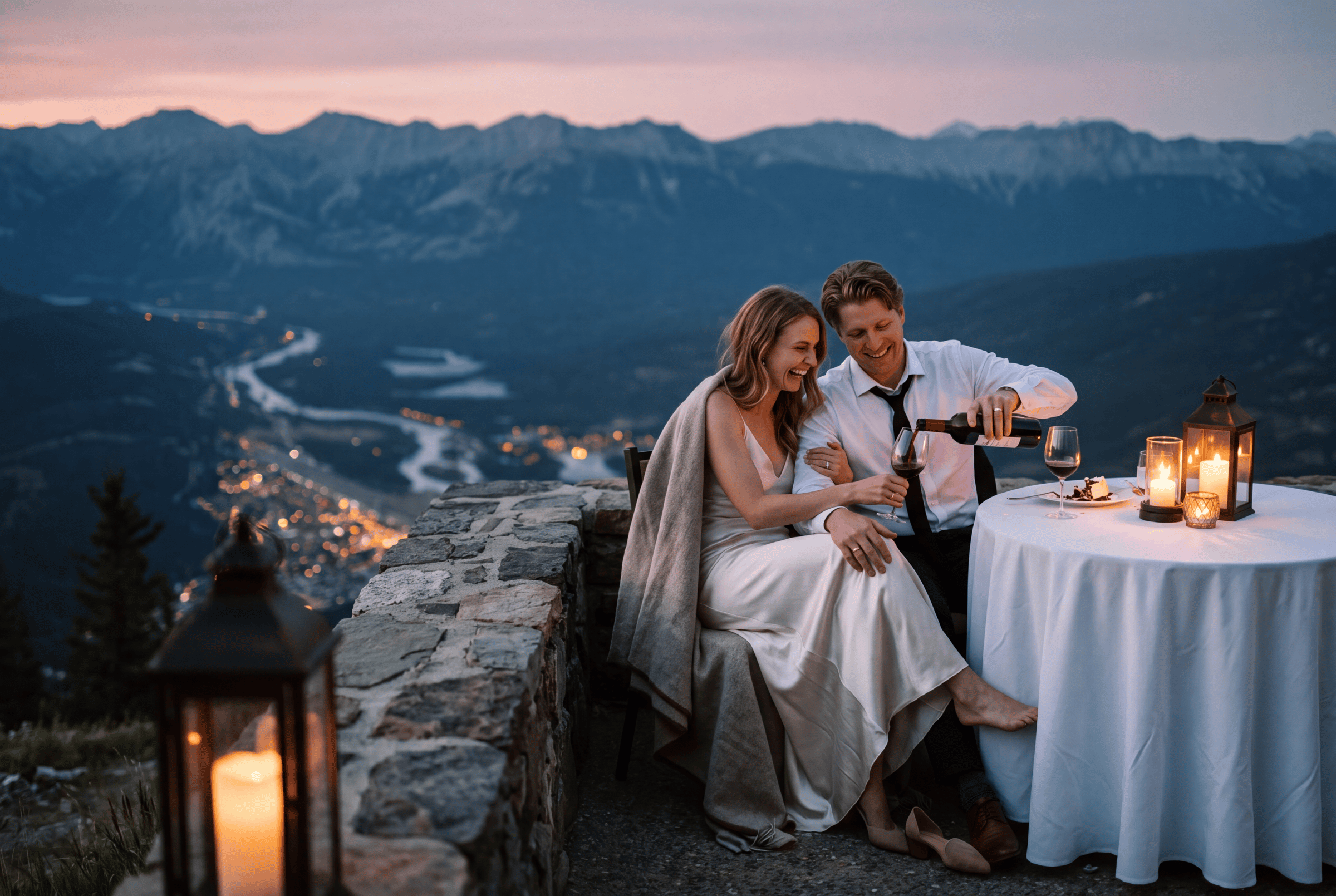 A private dinner at dusk with a lantern on a terrace above a valley in Jasper