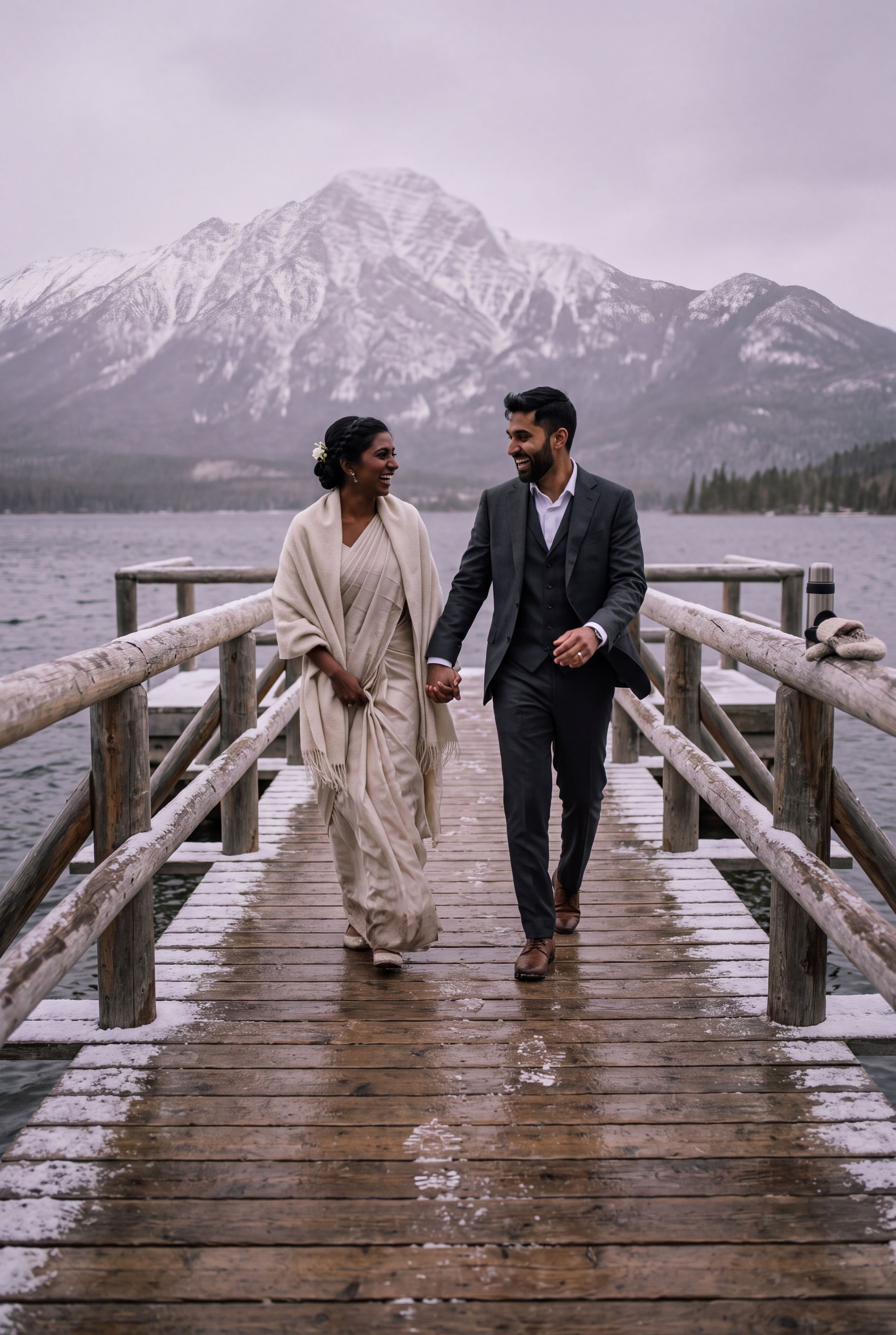 A couple on the wooden footbridge to Pyramid Island with a snowy peak behind in Jasper
