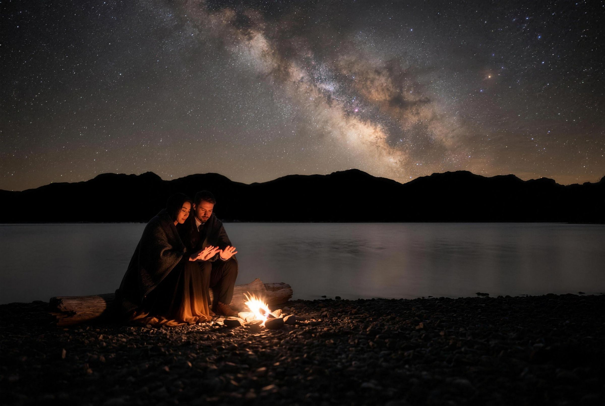 The Milky Way over a mountain lake in Jasper with a fire burning on the shore
