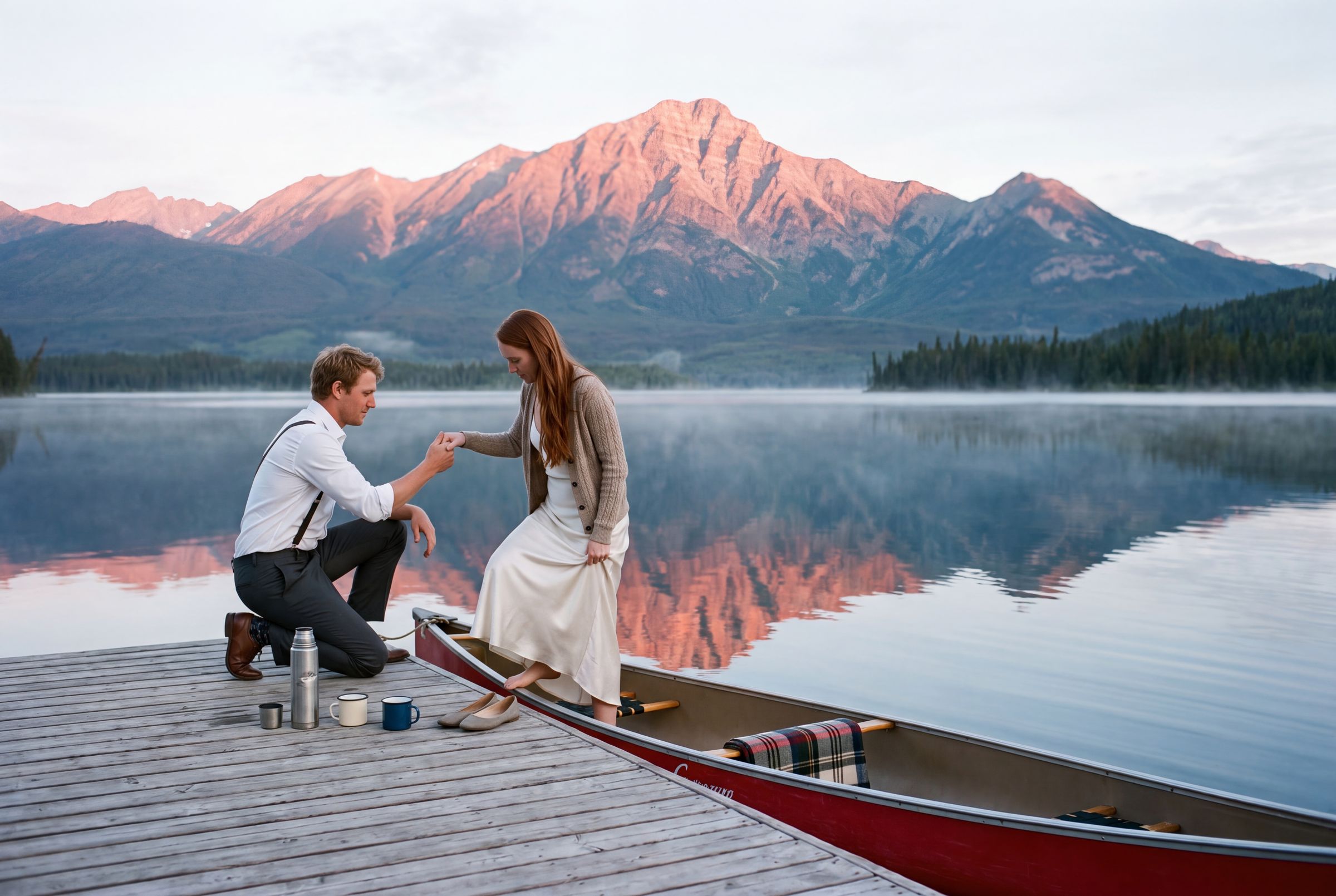 Alpenglow on the peaks above a still lake in Jasper with a canoe at a dock