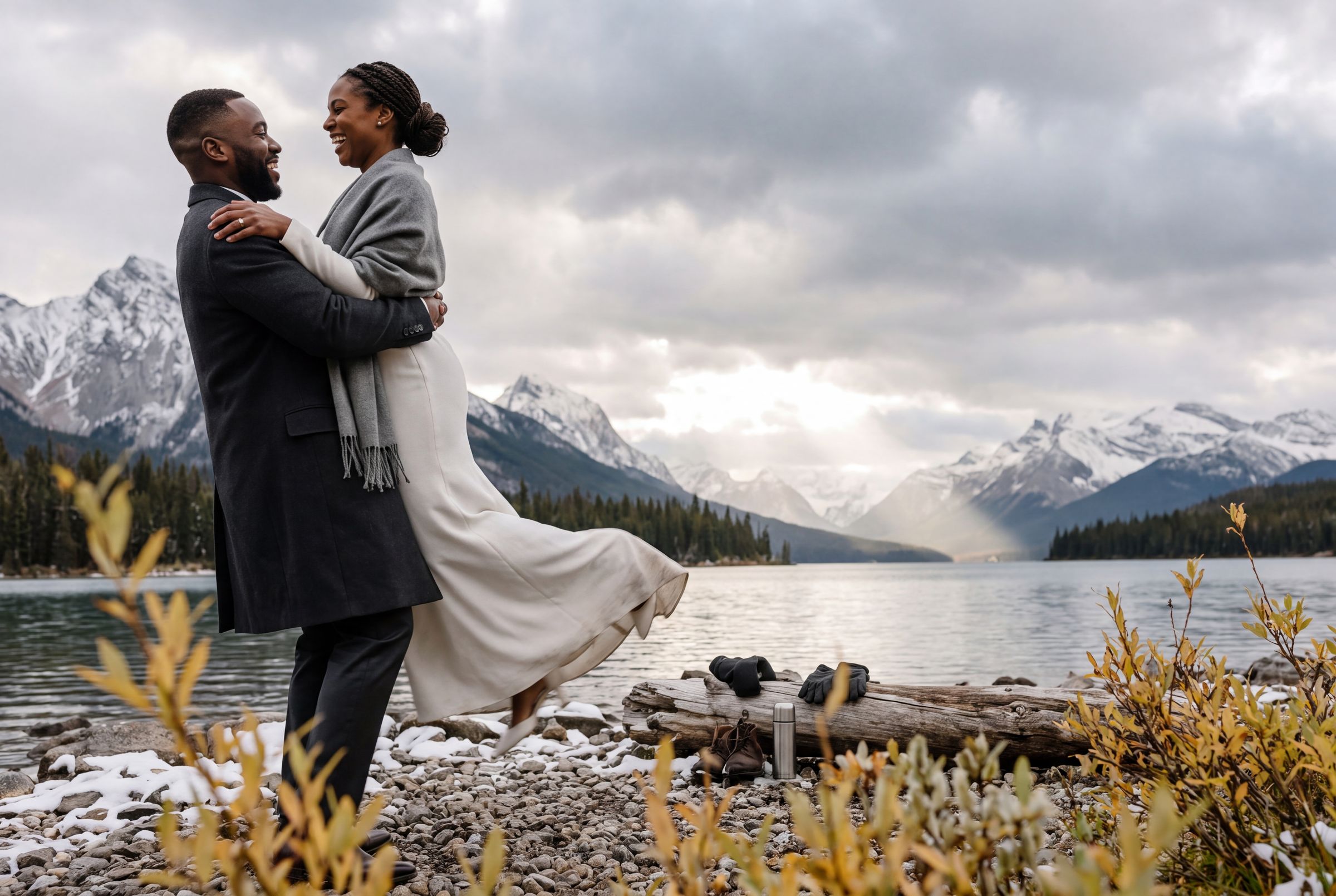 A couple beside a fire on the shore of a still lake in Jasper at dusk