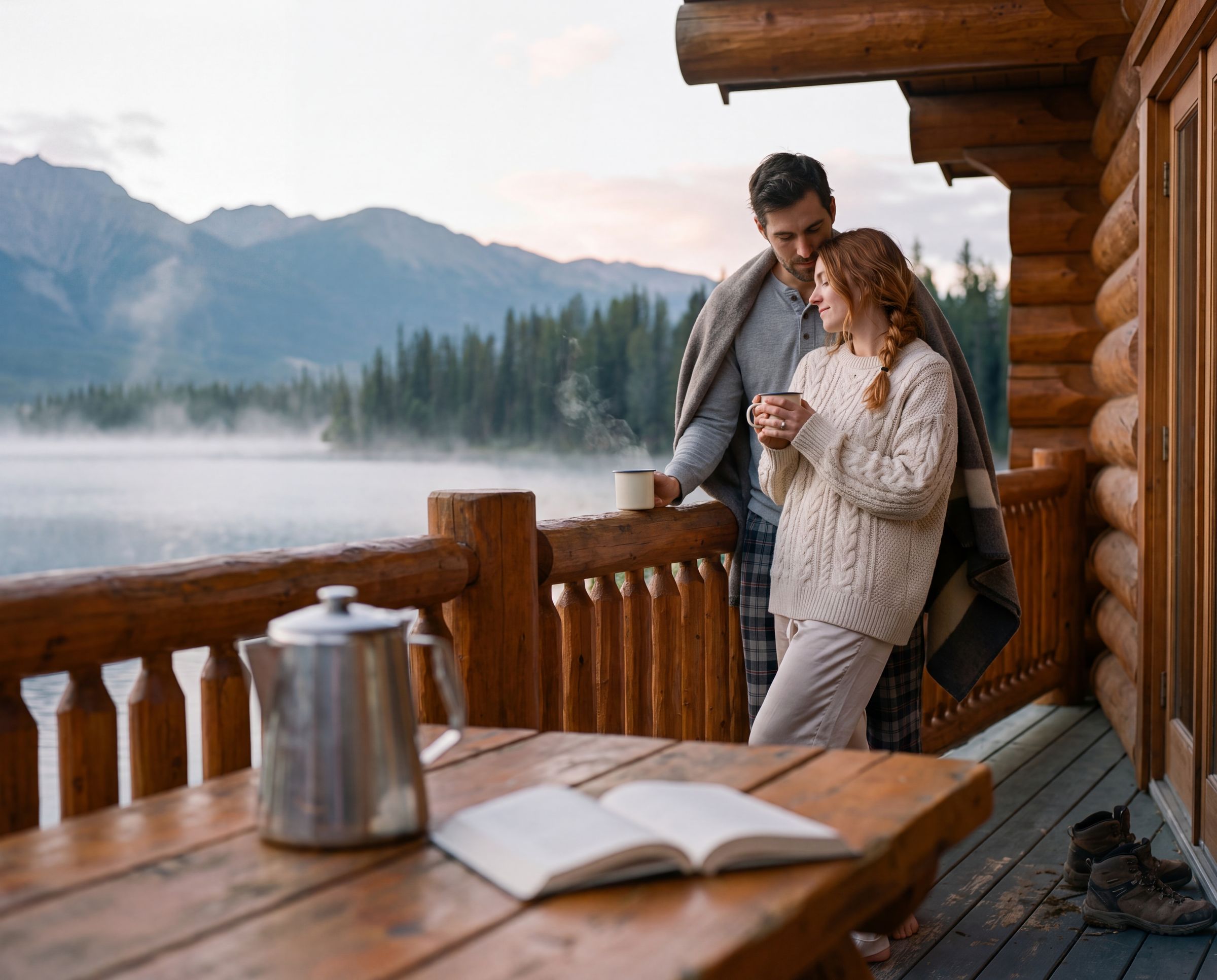 A couple on a log cabin porch in the morning with mountains behind in Jasper