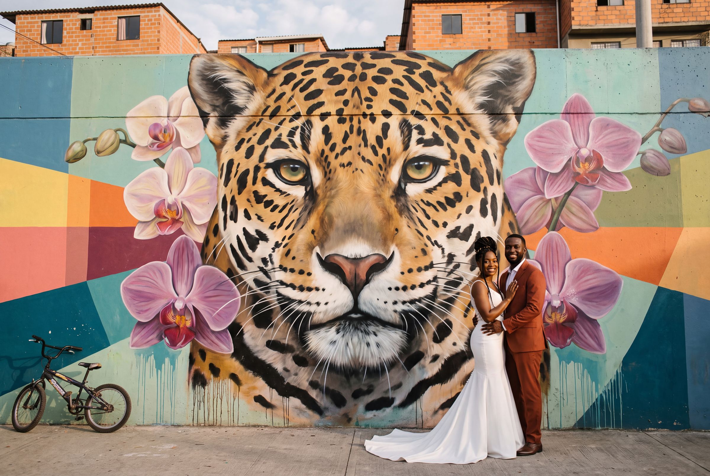 A couple in front of a bright mural on the painted stairways of Comuna 13 in Medellín
