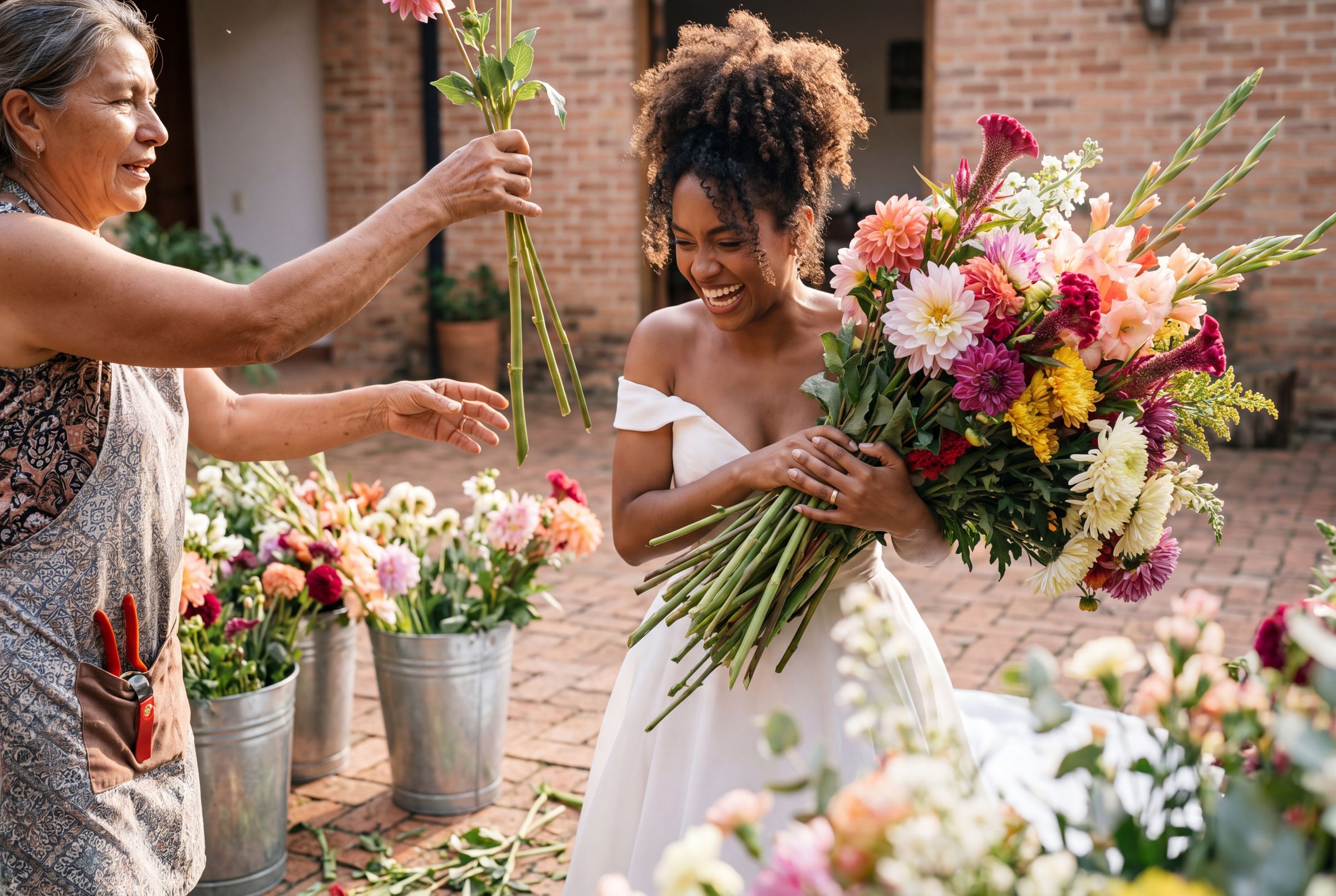 A woman arranging bright flowers at a farm in the hills above Medellín