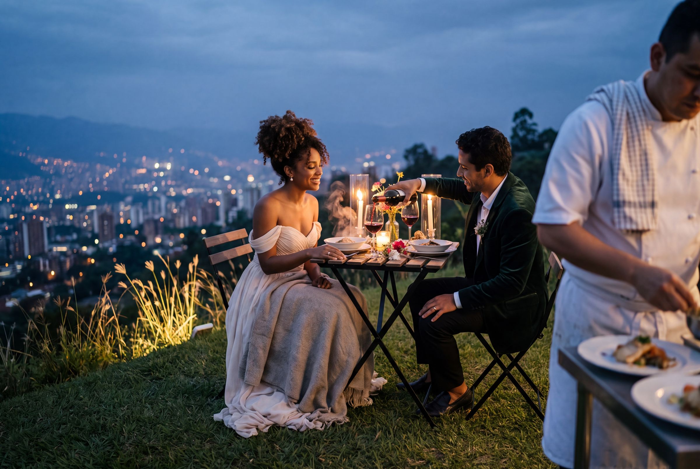 A couple at a candlelit table on a terrace above the lights of Medellin