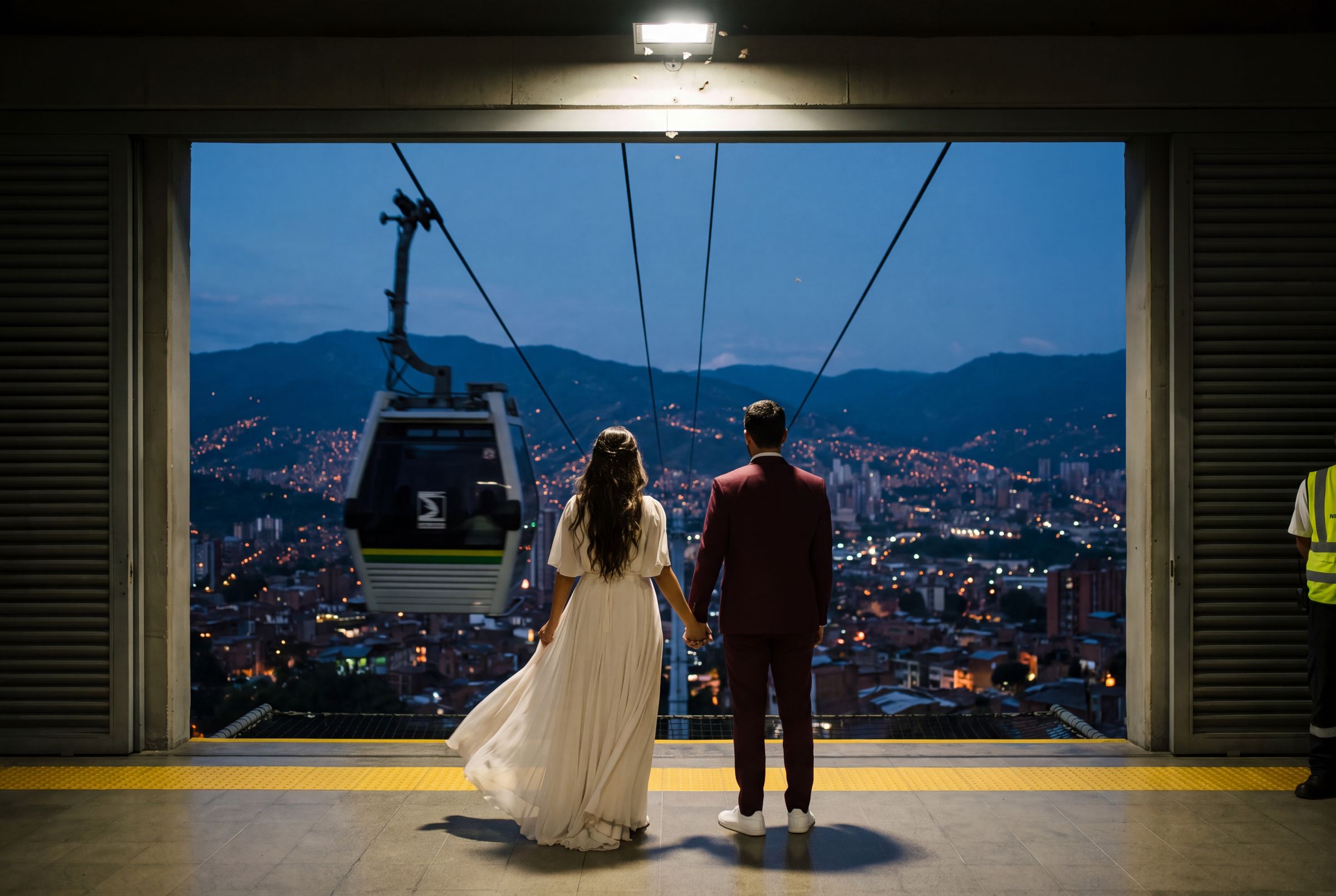 A couple in a Metrocable gondola looking out over the hillsides of Medellín