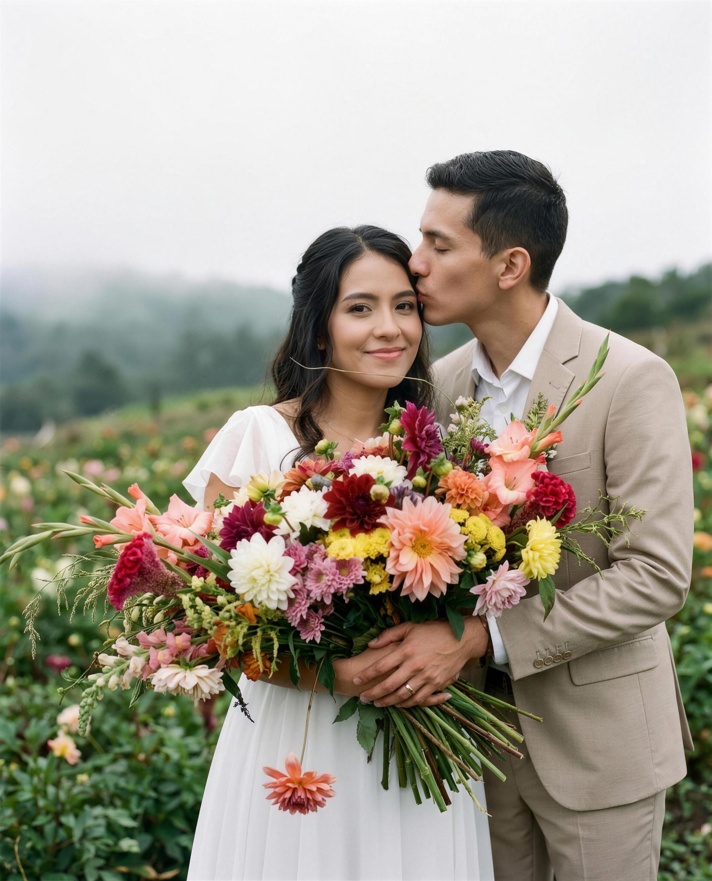 A couple on a rooftop in Medellín as the city lights come up