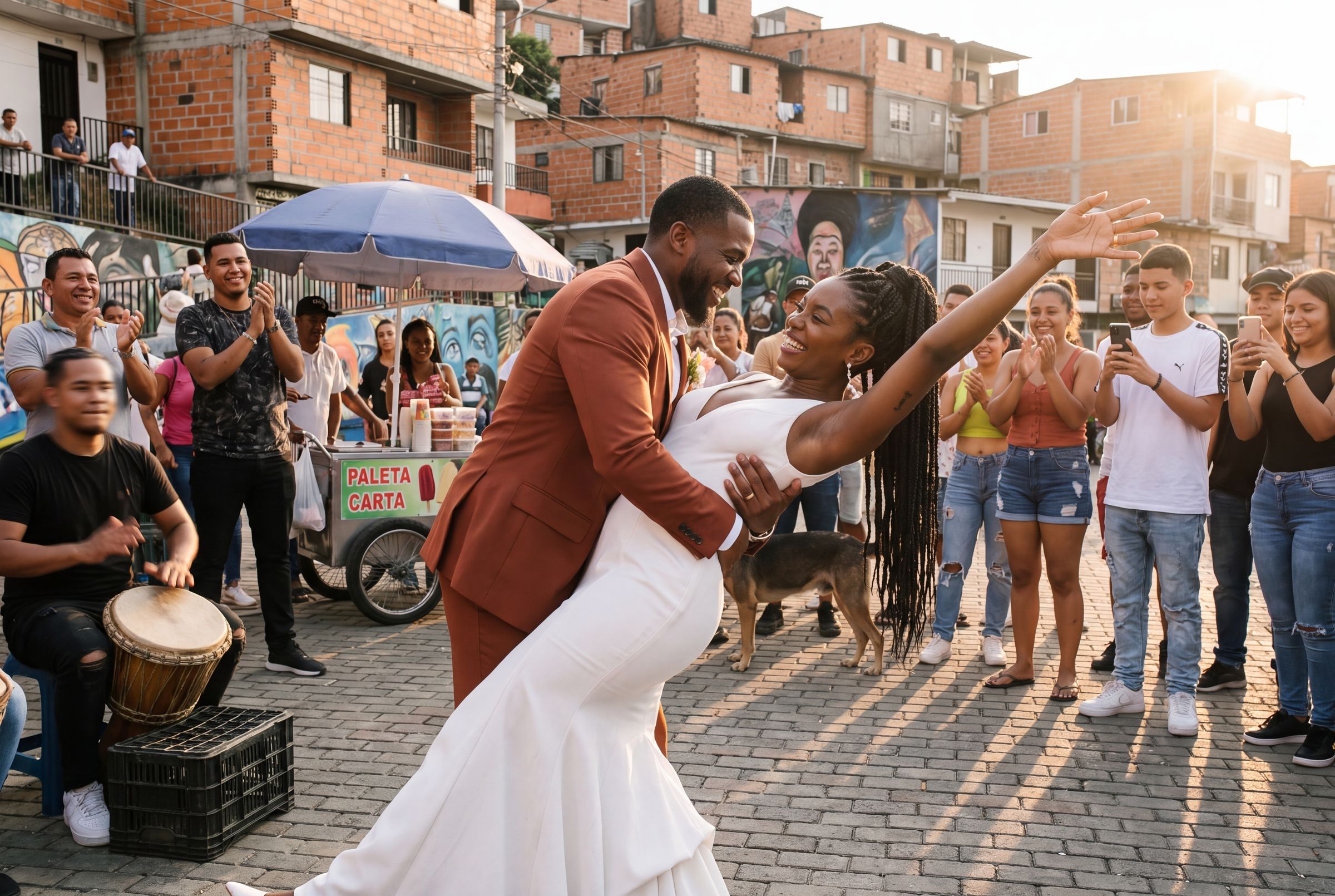 A couple dancing to live drums in a Medellín neighbourhood at golden hour