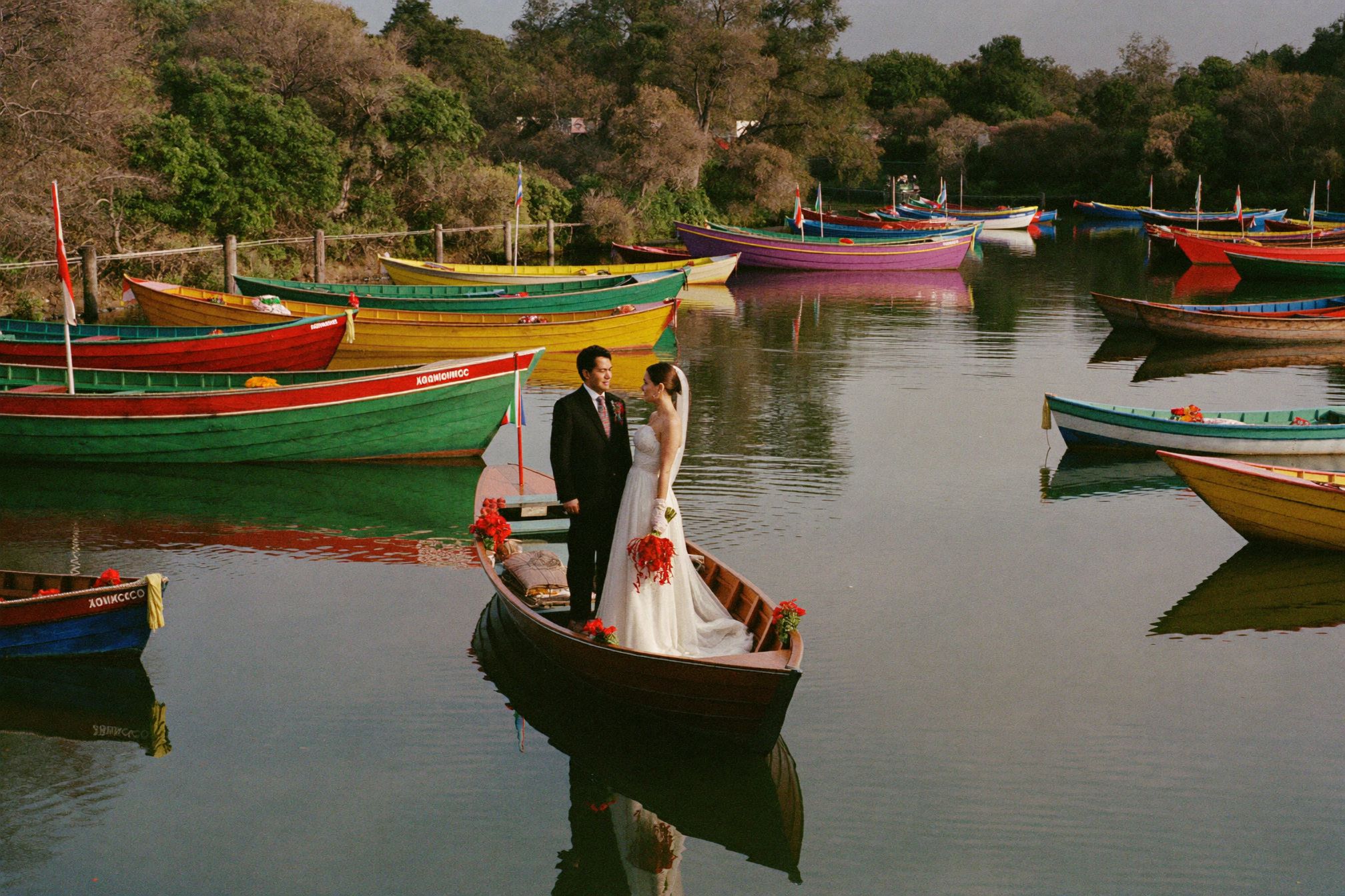 Brightly painted trajinera boats on the canals of Xochimilco