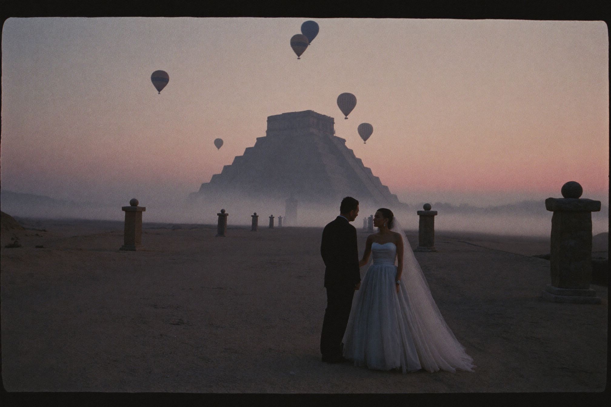 The pyramids of Teotihuacán at dawn with mist along the Avenue of the Dead