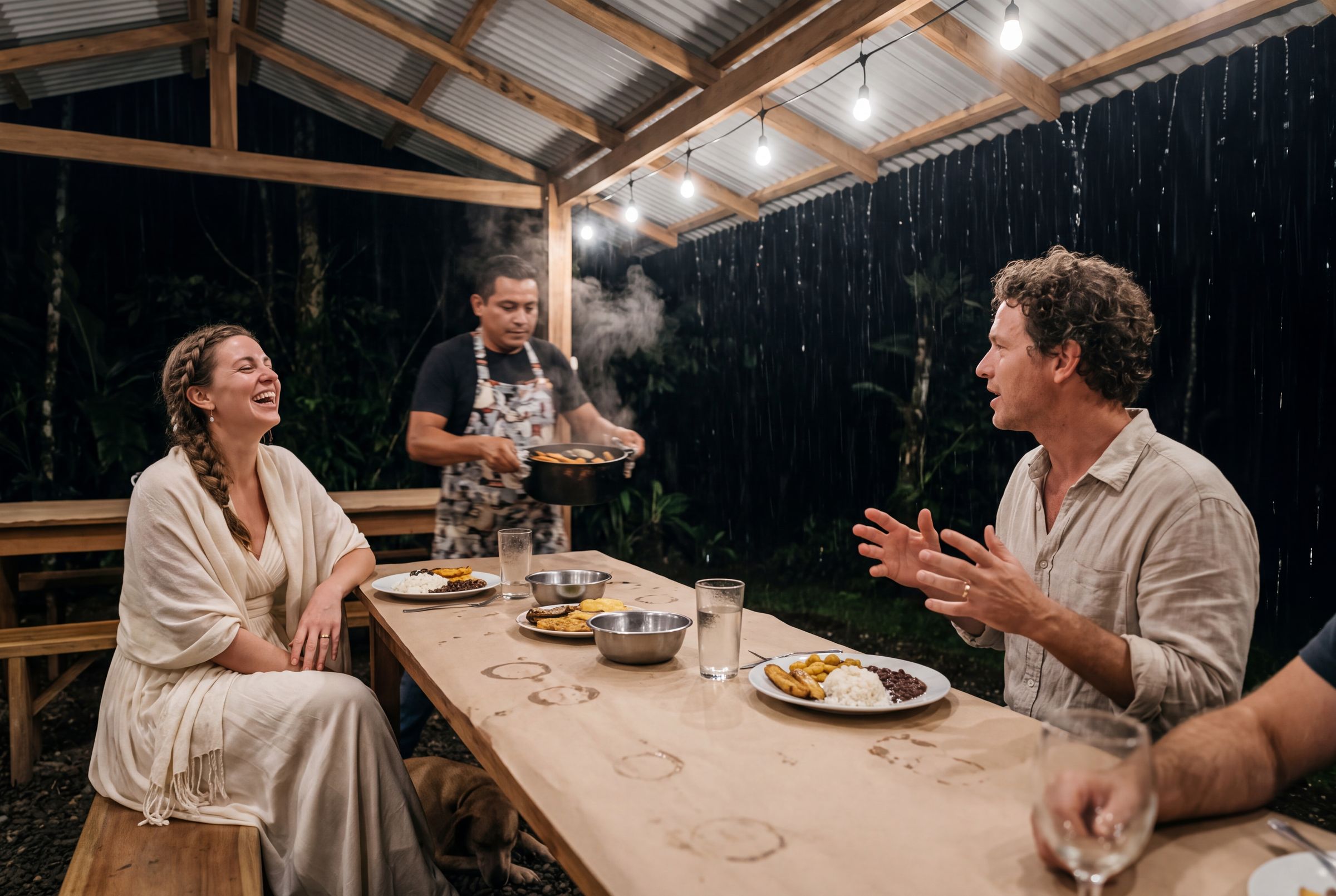 A table set under lights with rain on the roof