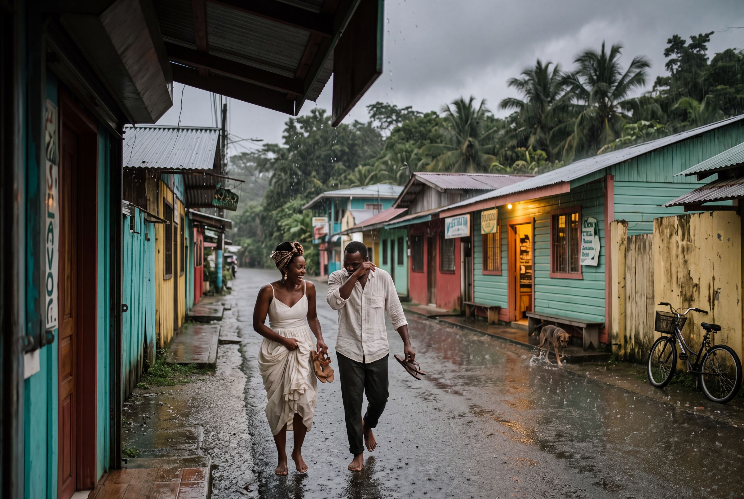 A painted street in Puerto Viejo on a wet afternoon