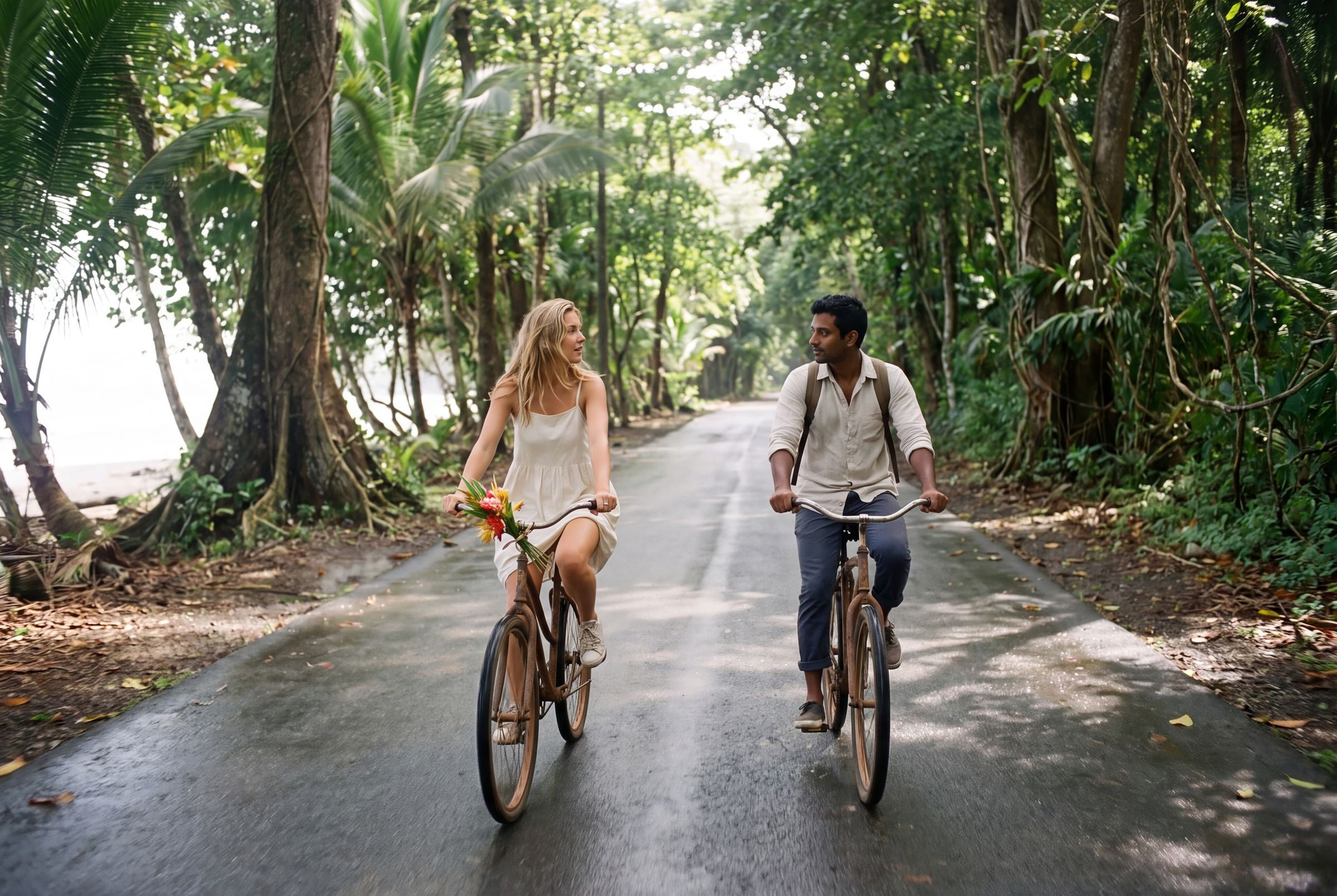 Riding a bicycle along the coast road between the beaches