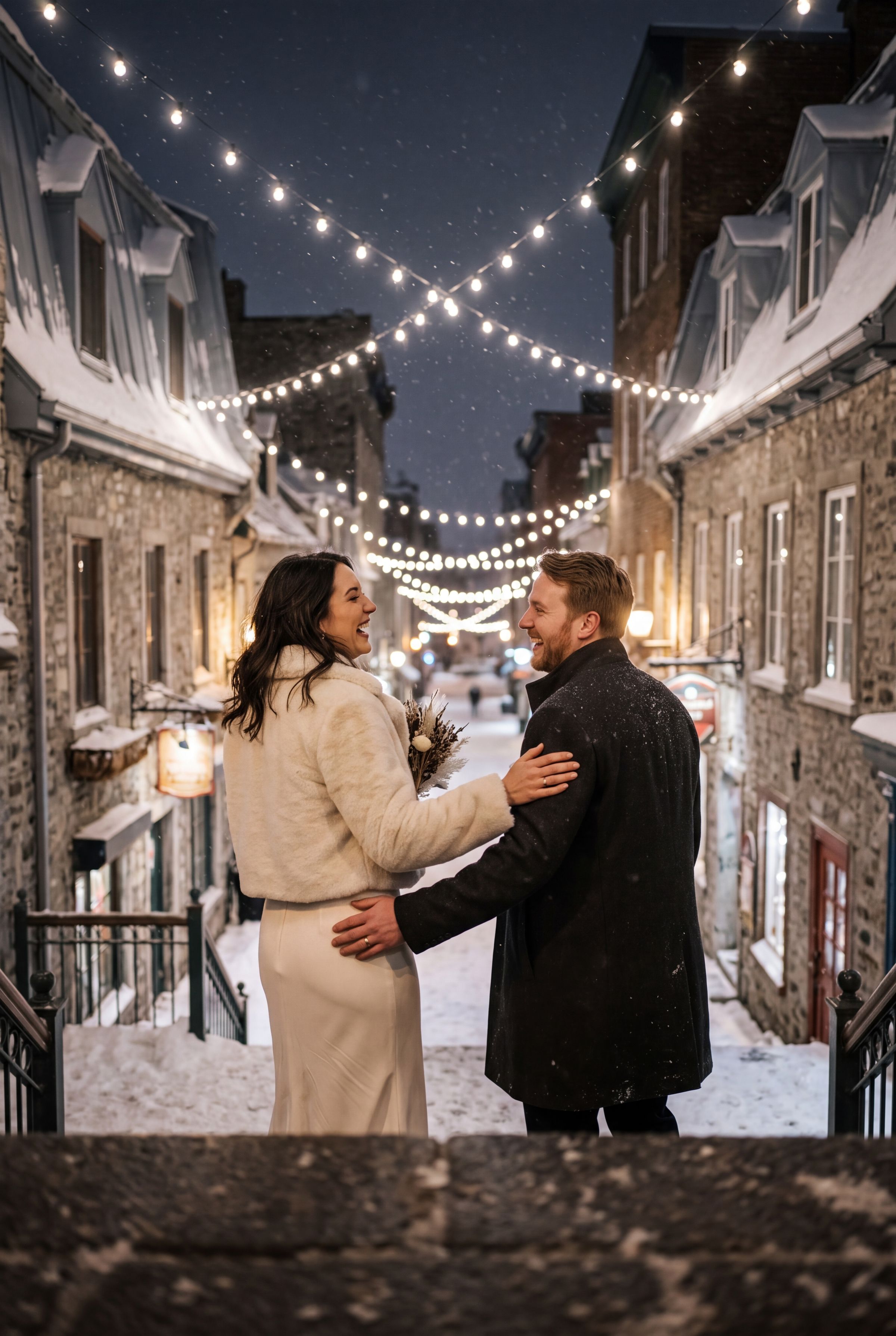 A couple on the snowy steps of the Quartier Petit Champlain under string lights
