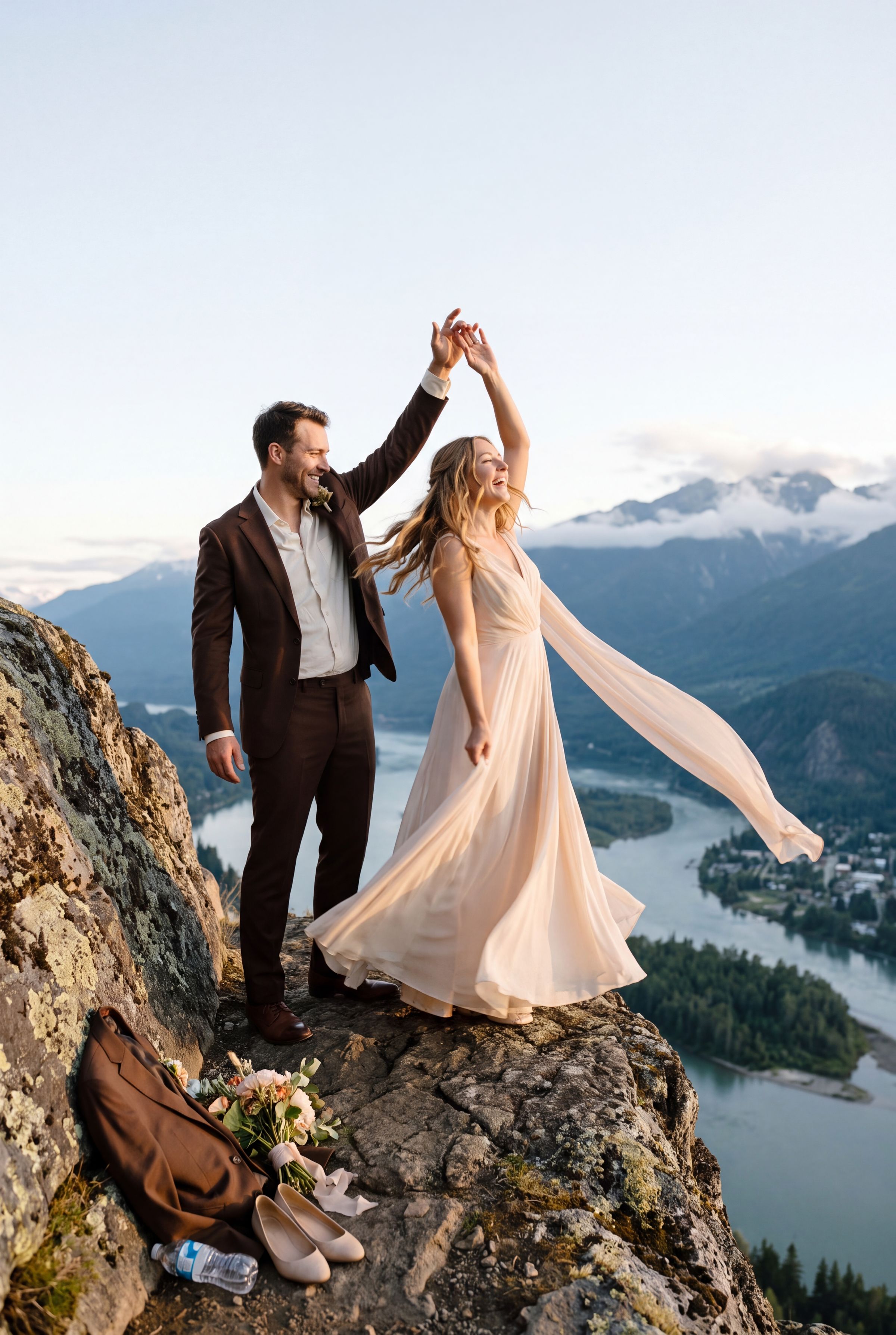 A couple dancing on a clifftop high above the bends of the Columbia River during their Revelstoke elopement