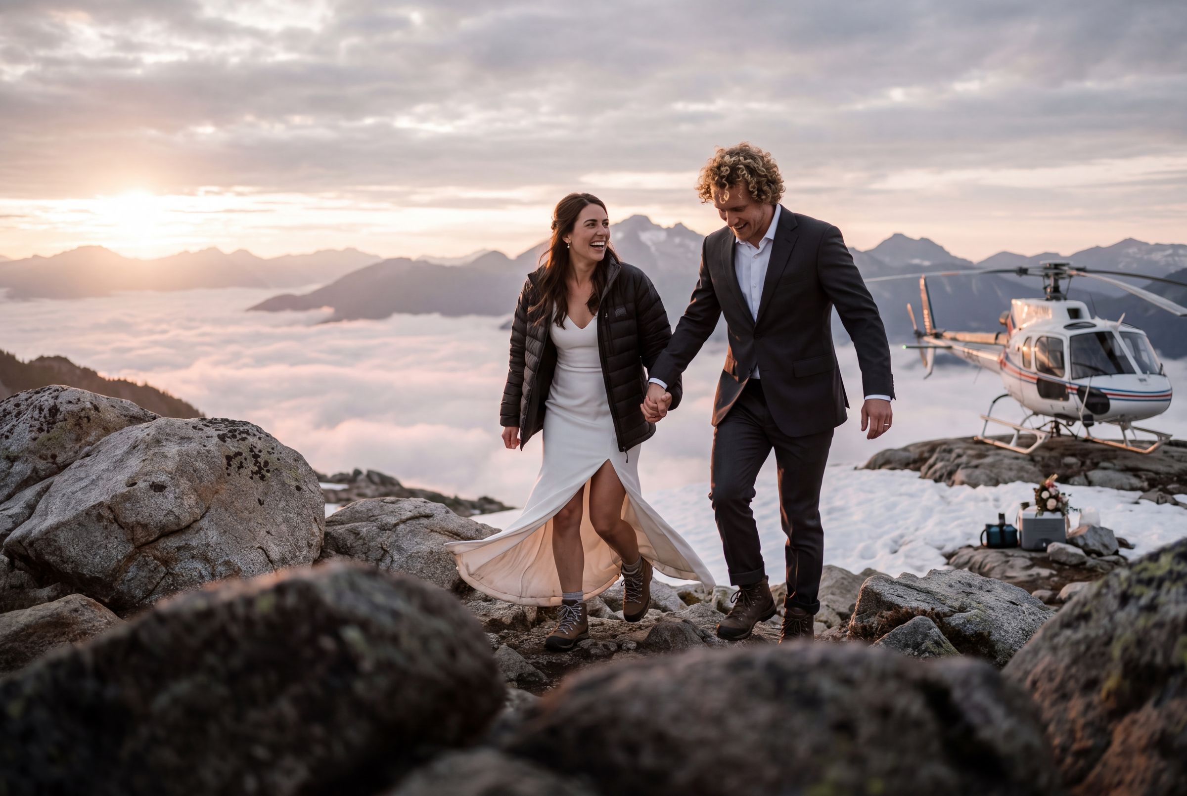 A couple on a rocky outcrop above the cloud with a helicopter behind them near Revelstoke