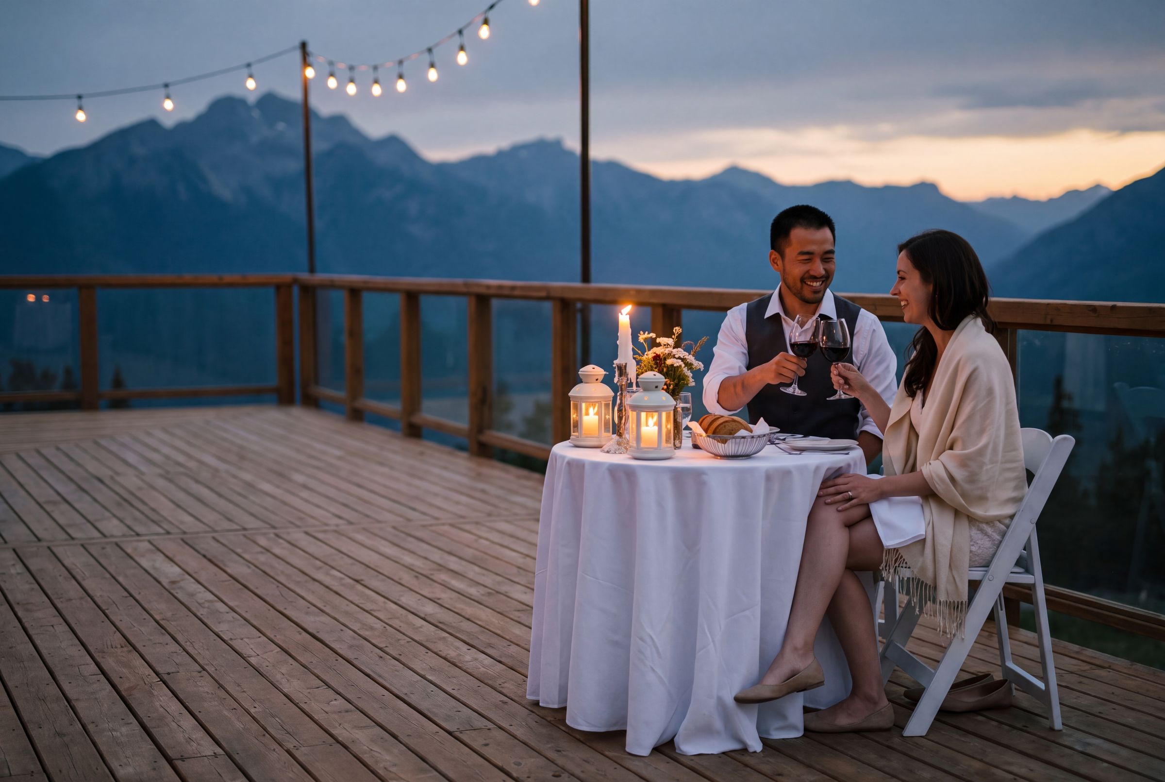 A private dinner set on a mountain deck at dusk near Revelstoke