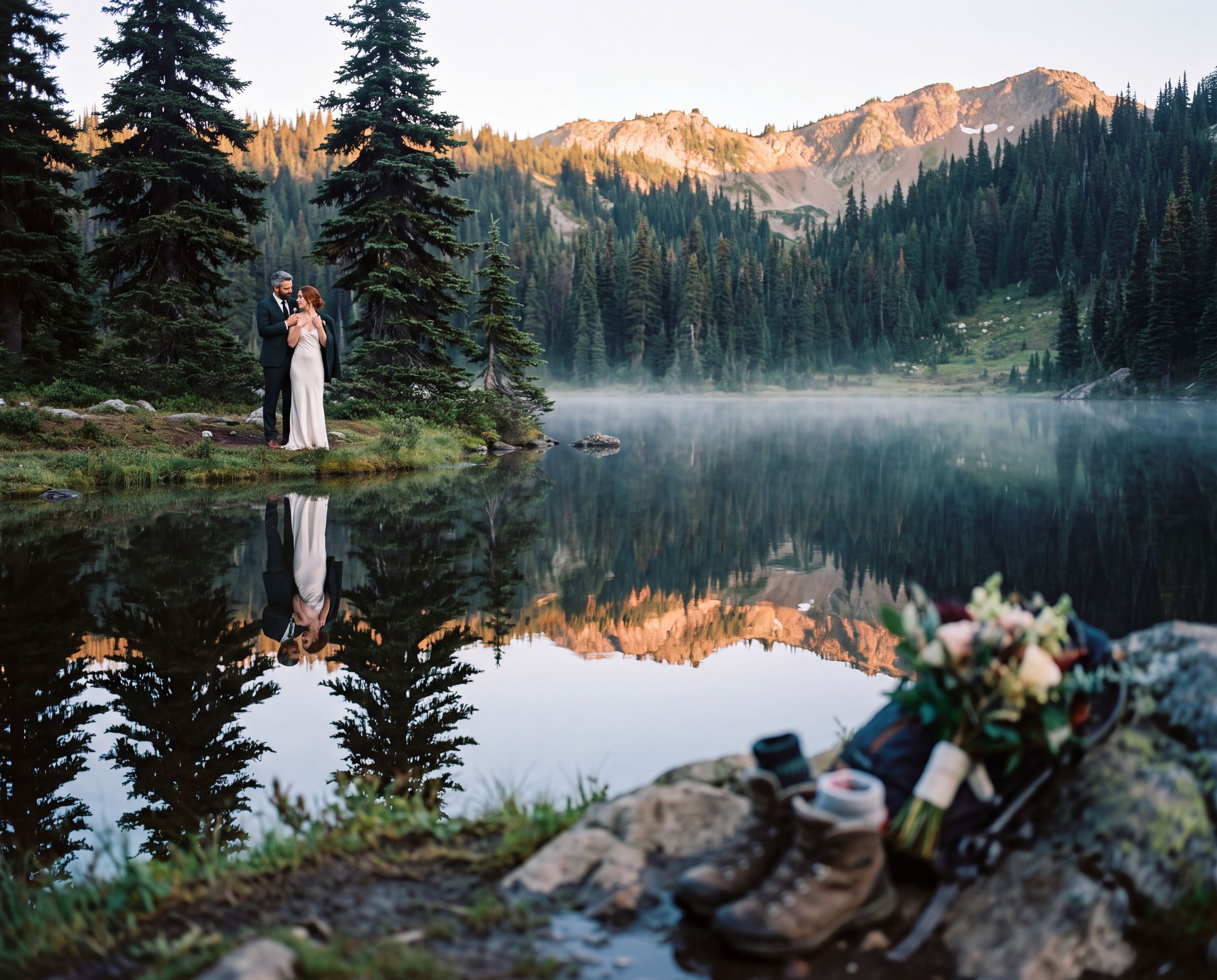 A figure in white at the edge of a still alpine lake in the Columbia Mountains