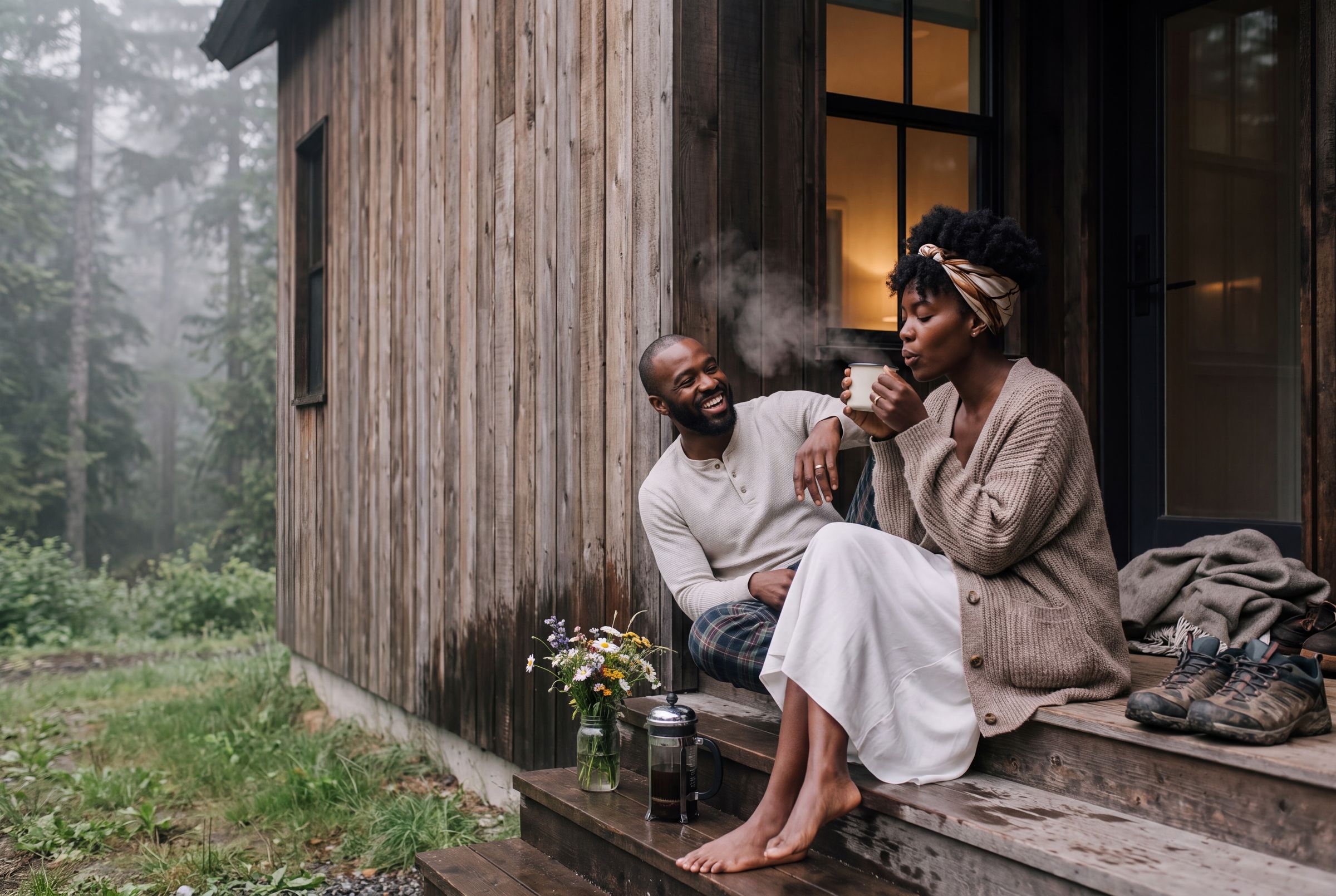 A couple on the porch of a mountain cabin in the morning near Revelstoke