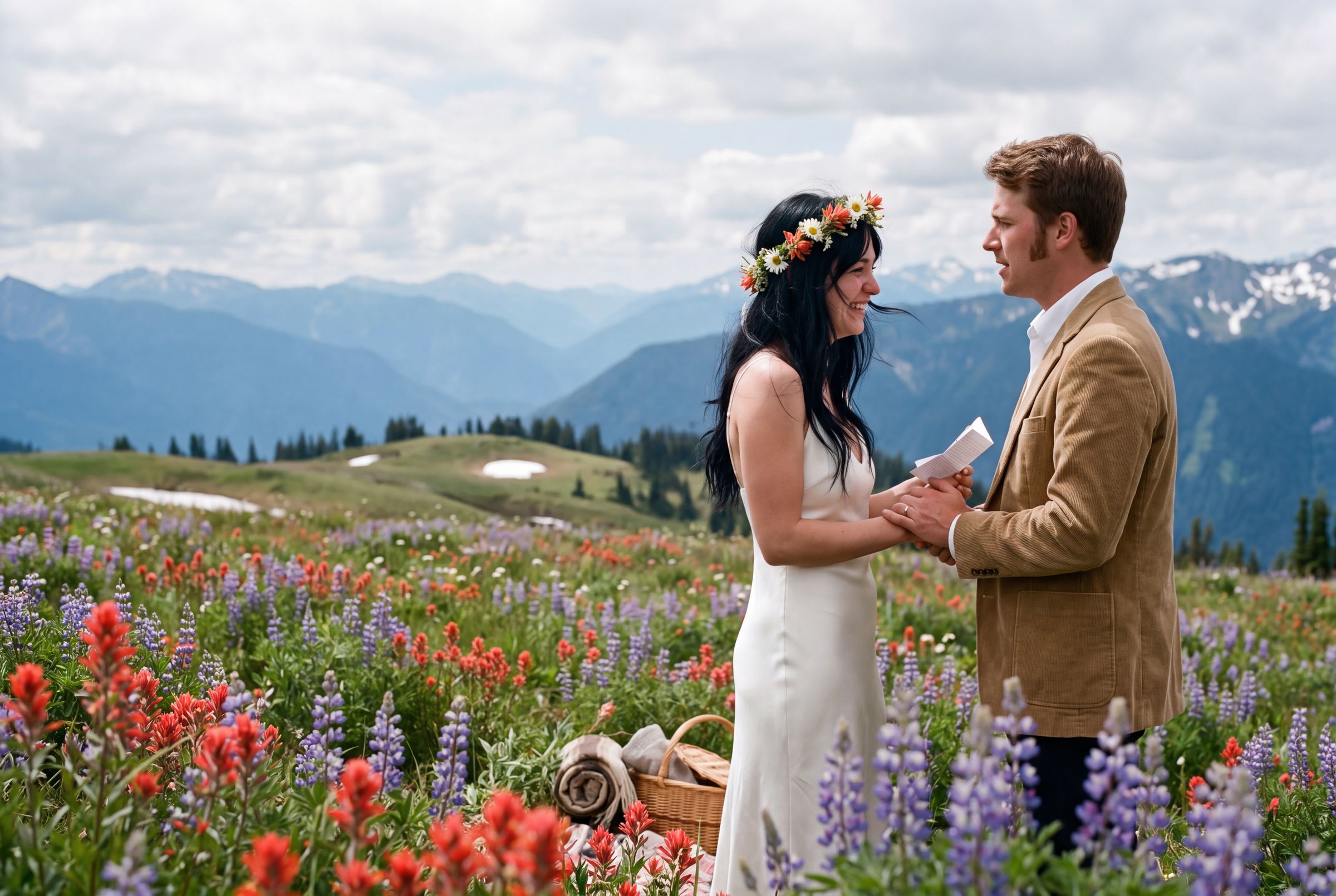 A couple among lupine and Indian paintbrush in an alpine meadow near Revelstoke