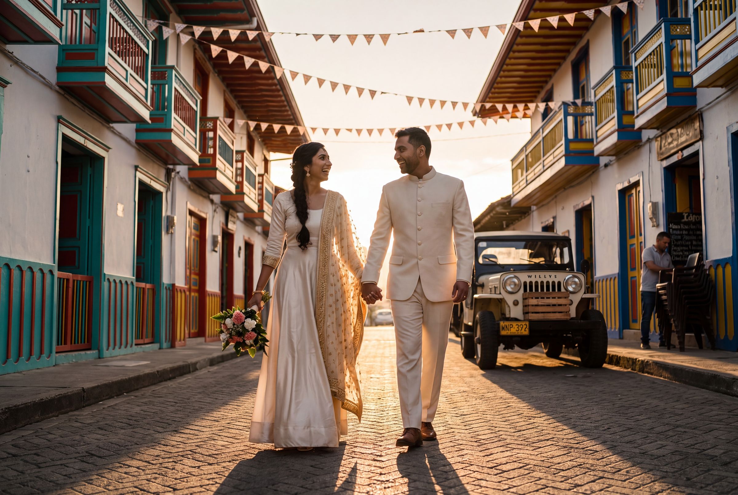 A couple walking a bunting-strung cobbled street in Salento, in Colombia's coffee region