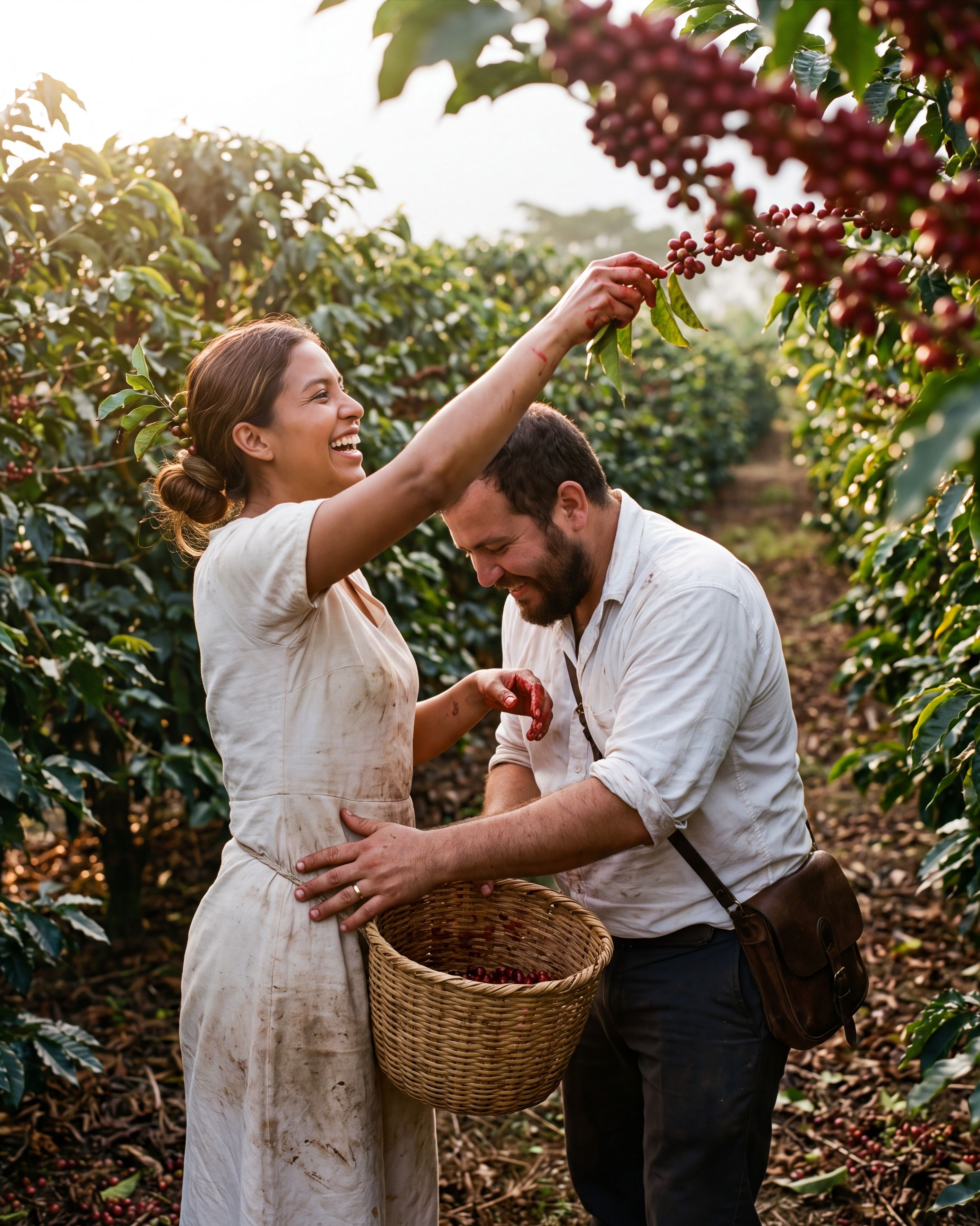 Bride in a dirt-marked ivory dress reaching up to pick red coffee cherries while her groom holds the harvest basket, deep in the rows of a family finca outside Salento in late afternoon light