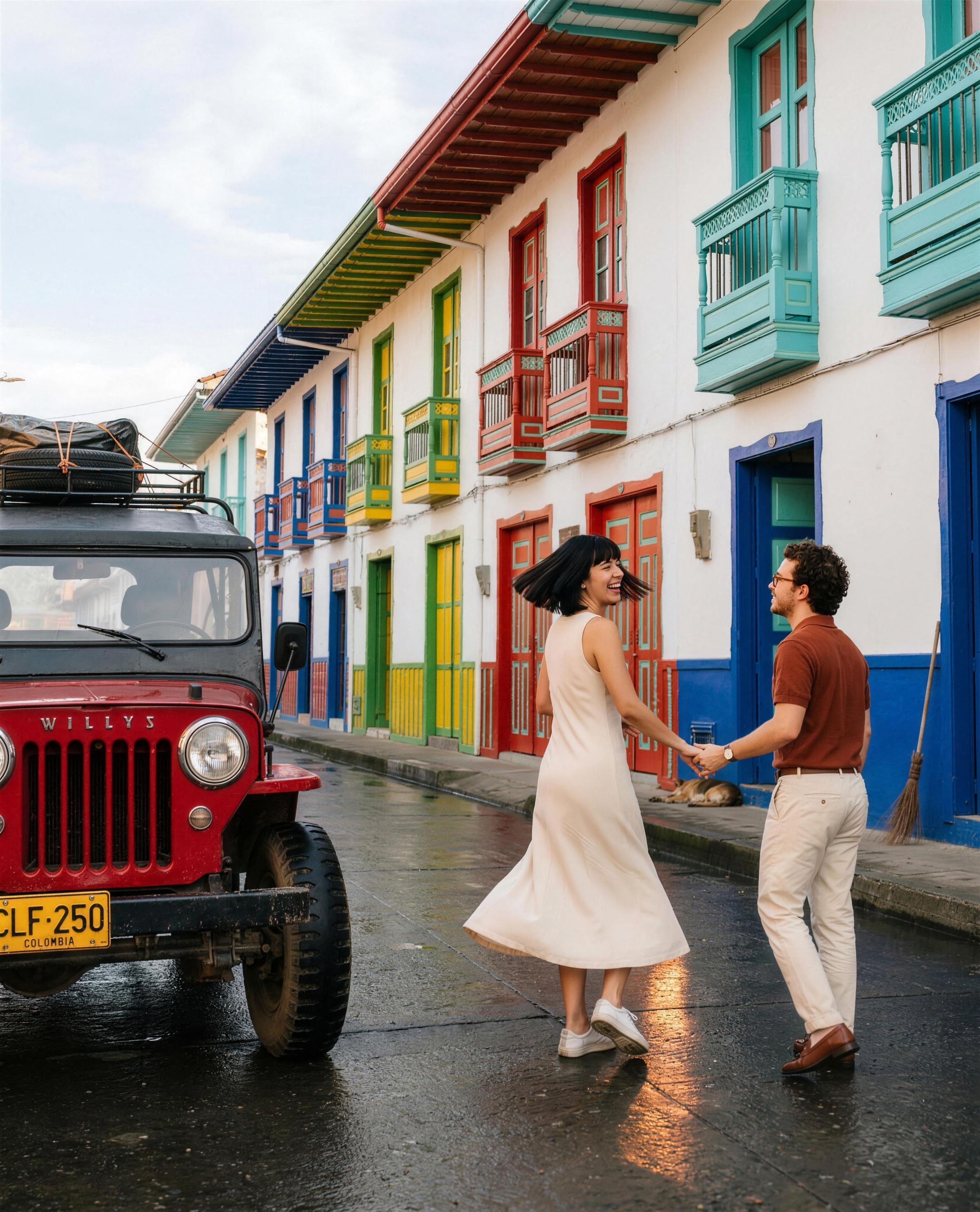 Couple walking hand in hand up Salento's Calle Real at sunrise, the bride spinning back to laugh at her groom, a cherry-red Willys jeep parked in the foreground against the painted colonial façades