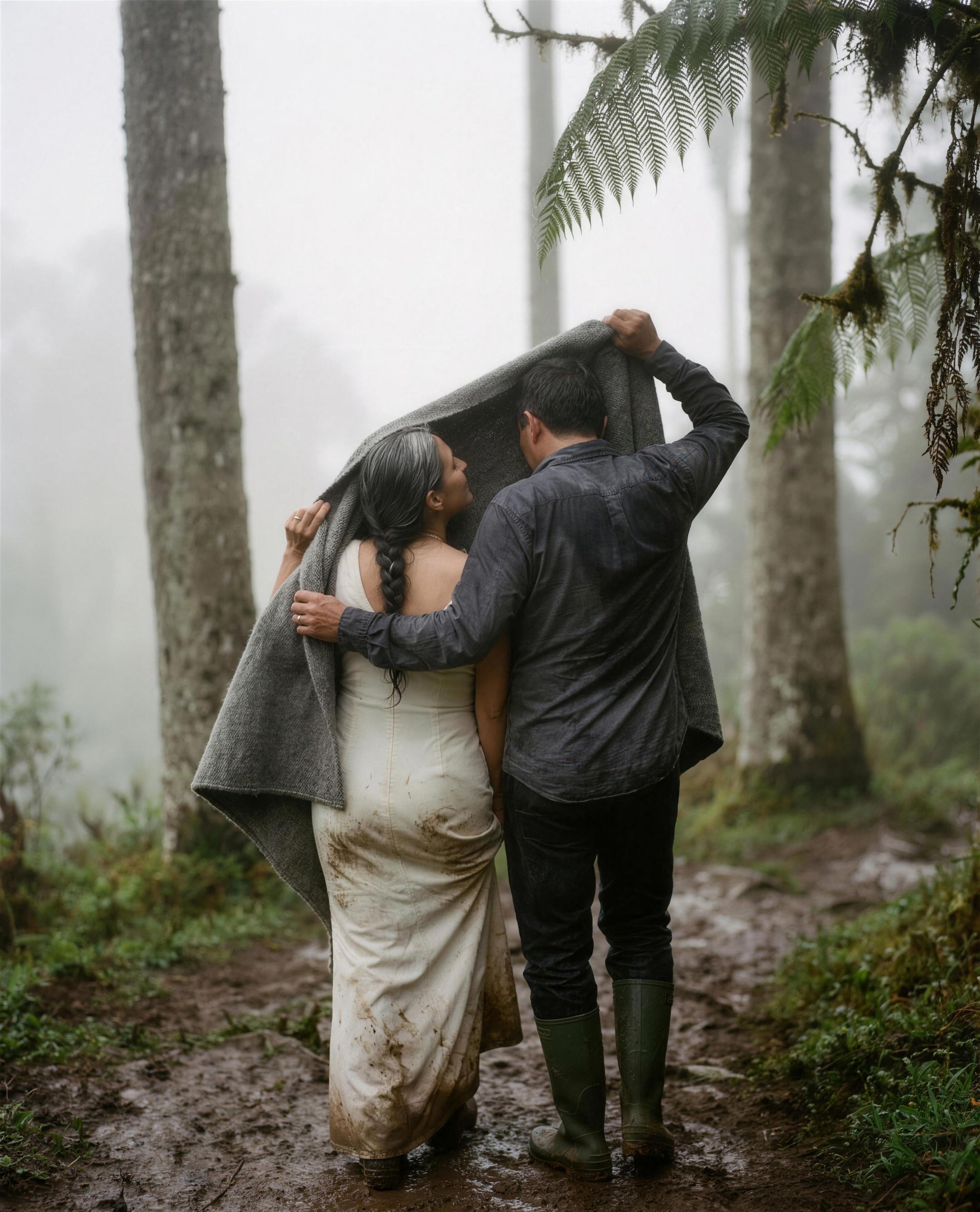 Newly married couple walking away up a muddy Cocora cloud-forest trail, a grey wool ruana held over both their heads, her gown mud-splashed to the knee and wax palms fading into white cloud