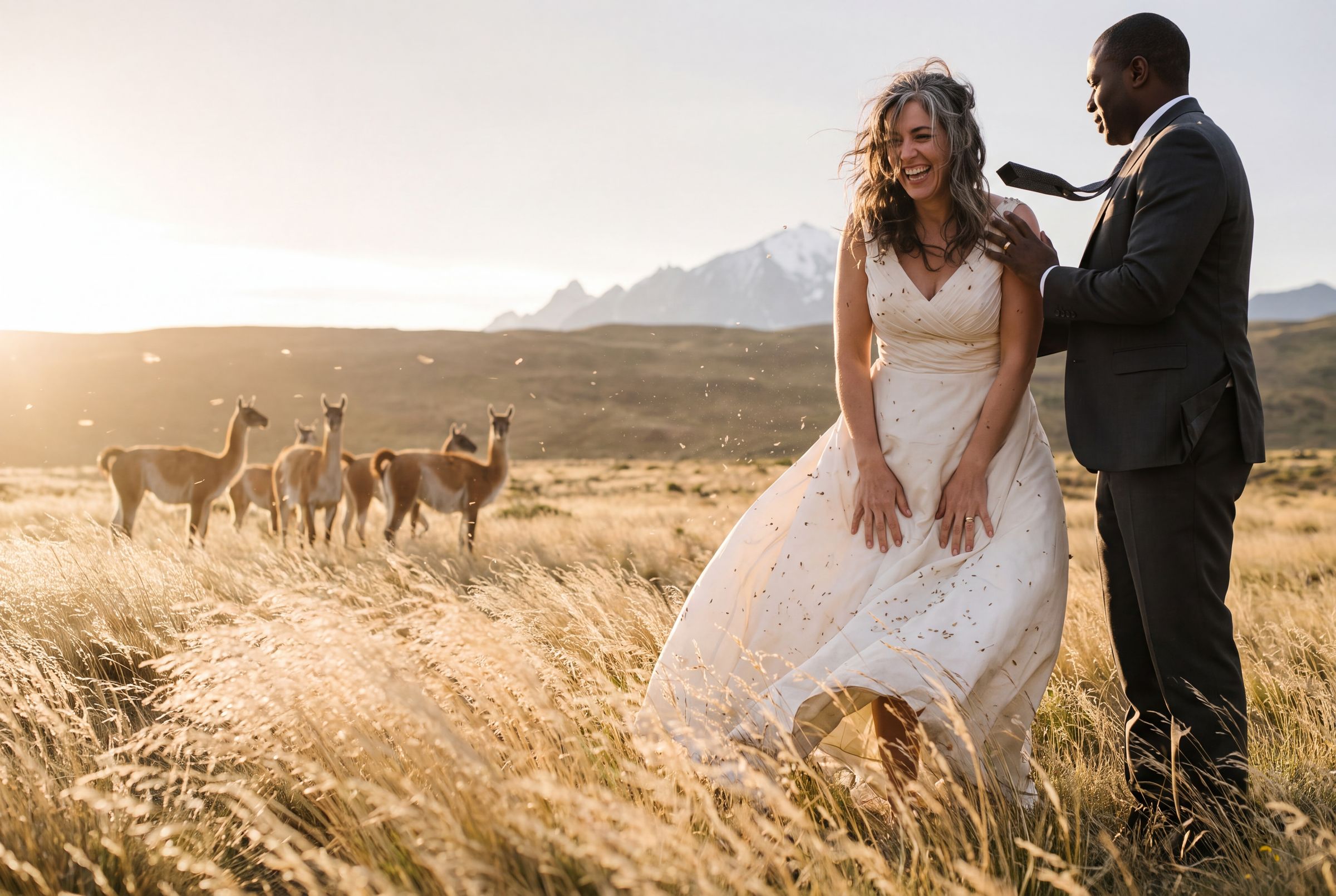 The wind moving through the estancia grass with guanacos watching