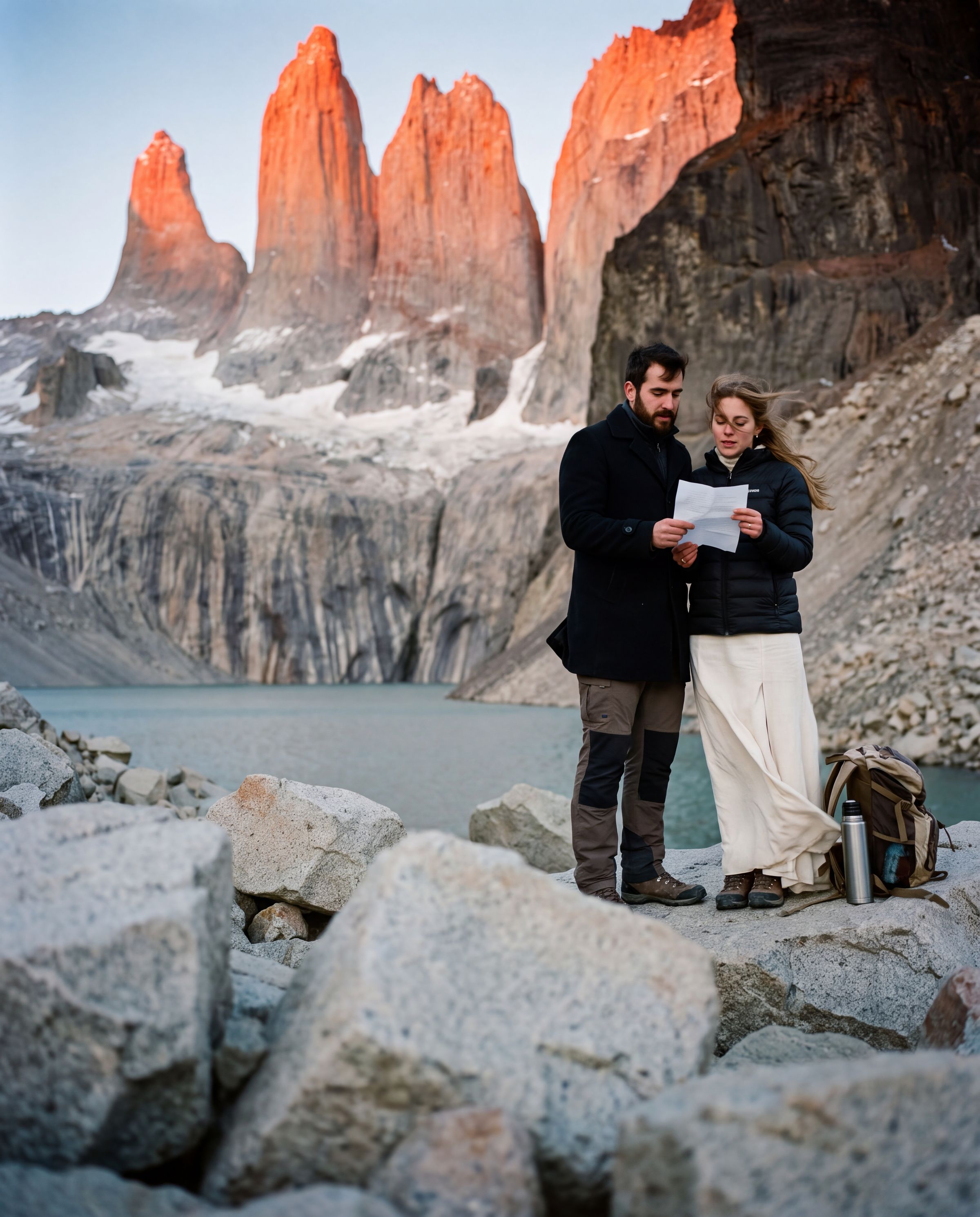 Vows at the base of the towers during ten minutes of alpenglow