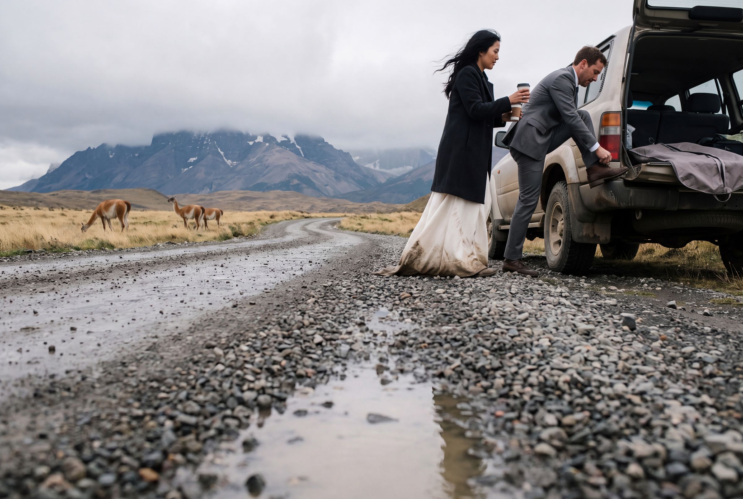 The gravel park road with guanacos and the Cuernos in cloud