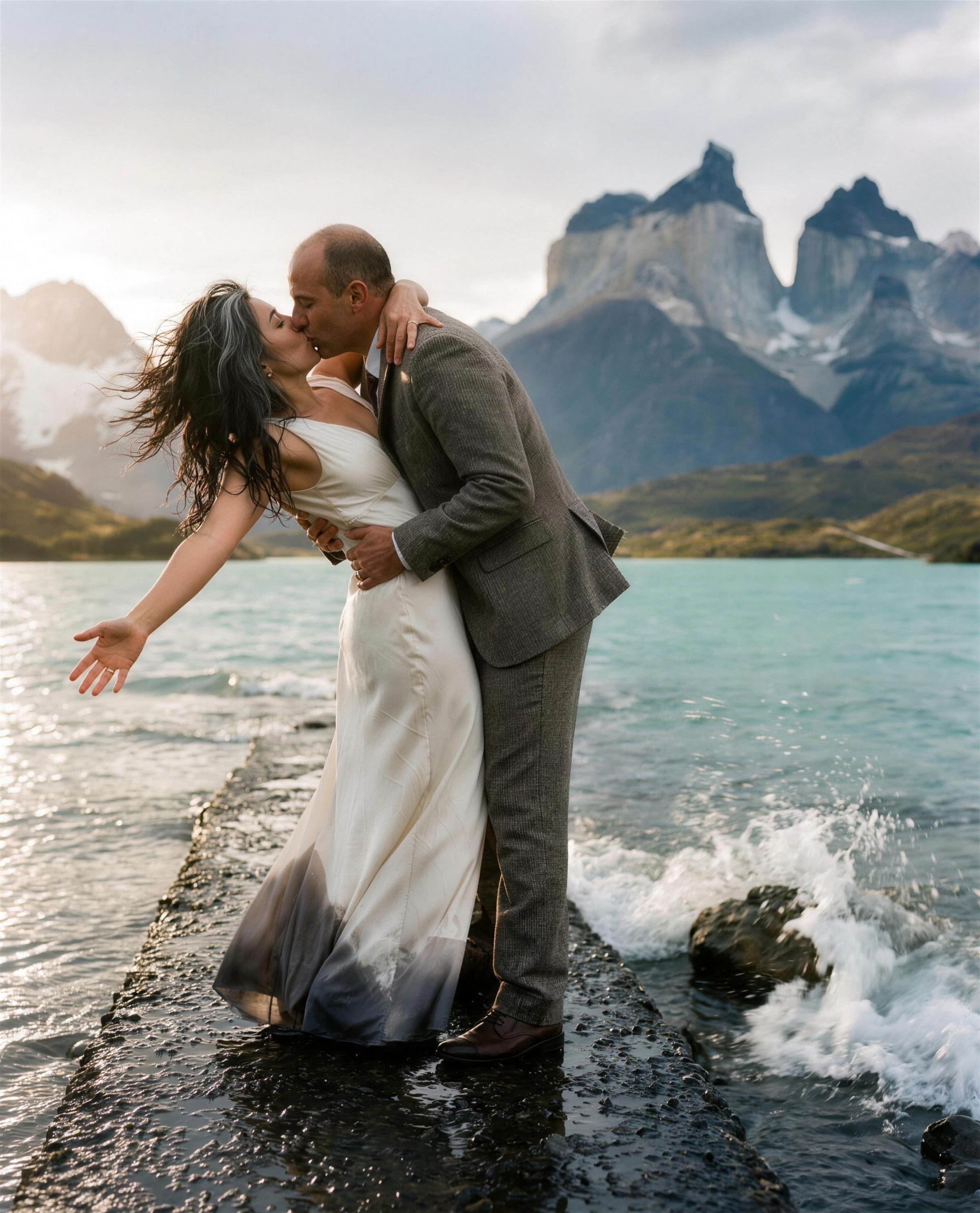 A groom dipping his bride backward into a kiss on a wet black spit of rock at the edge of Lago Pehoé, her hair completely surrendered to the wind and her silk hem soaked dark, a wave breaking beside them, the Cuernos del Paine across the turquoise water in low December evening light