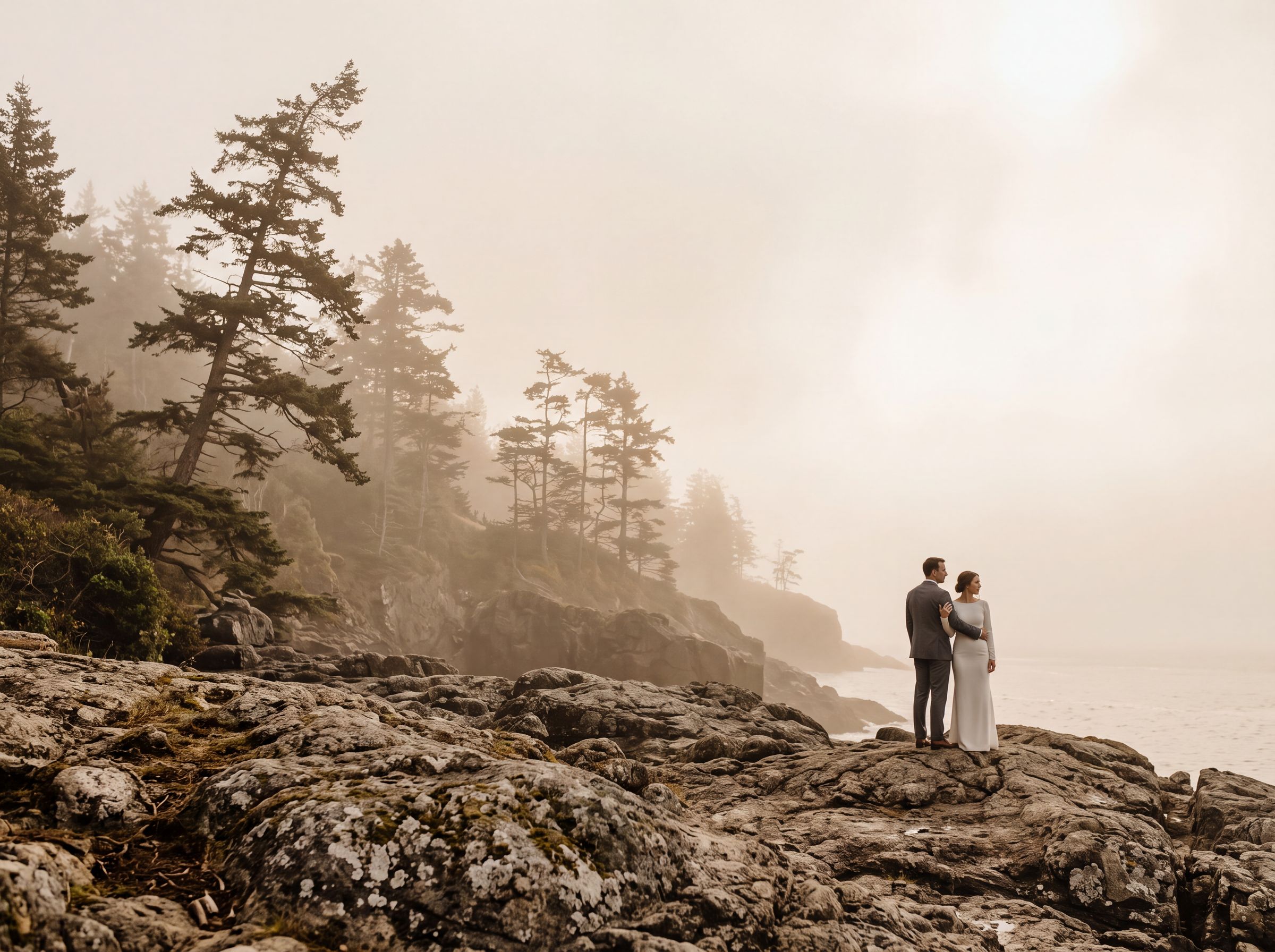 A couple on a fog-wrapped rocky headland on the Pacific coast of Vancouver Island