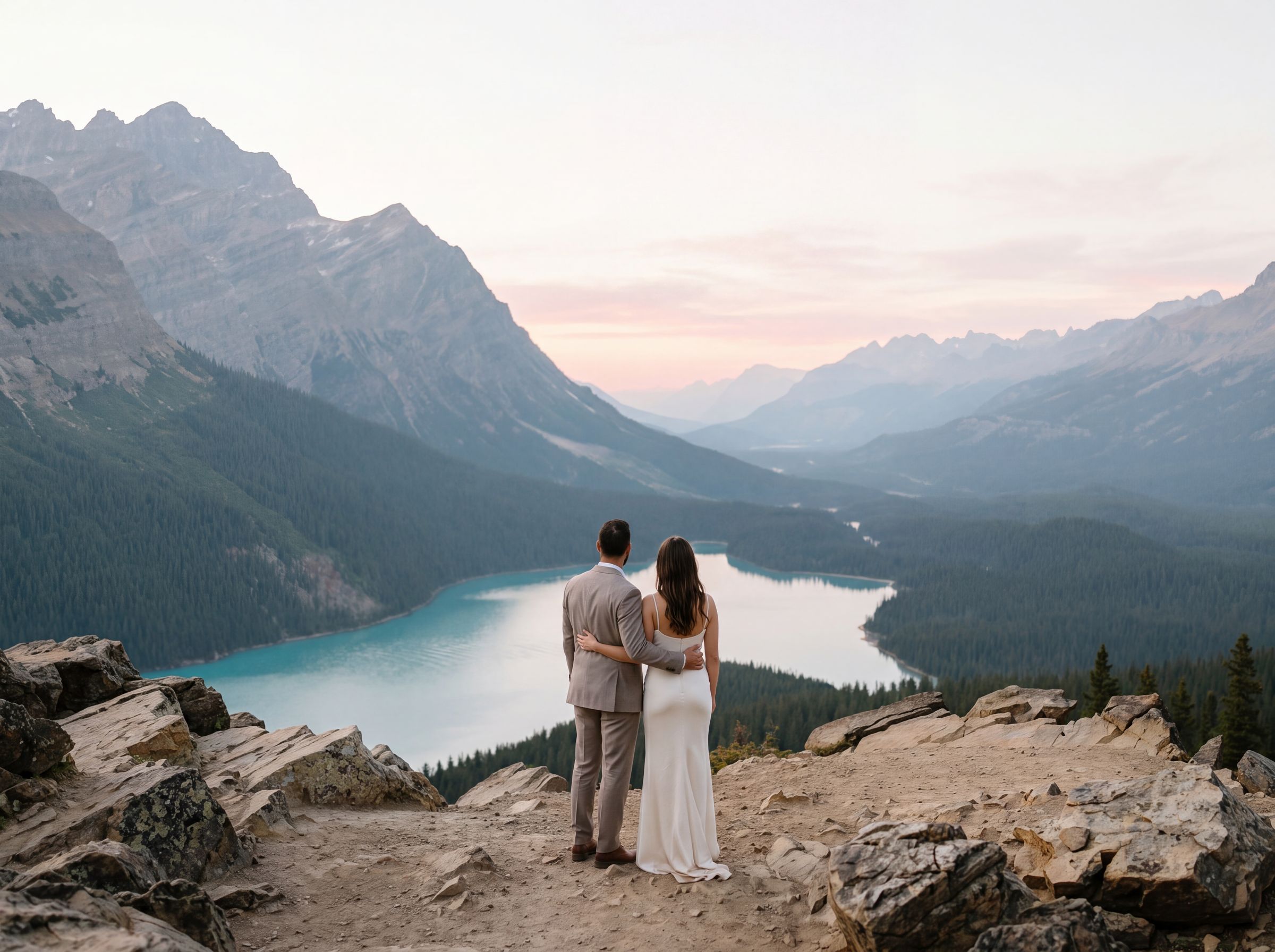 A couple above a turquoise lake in the mountains at dawn near Whistler