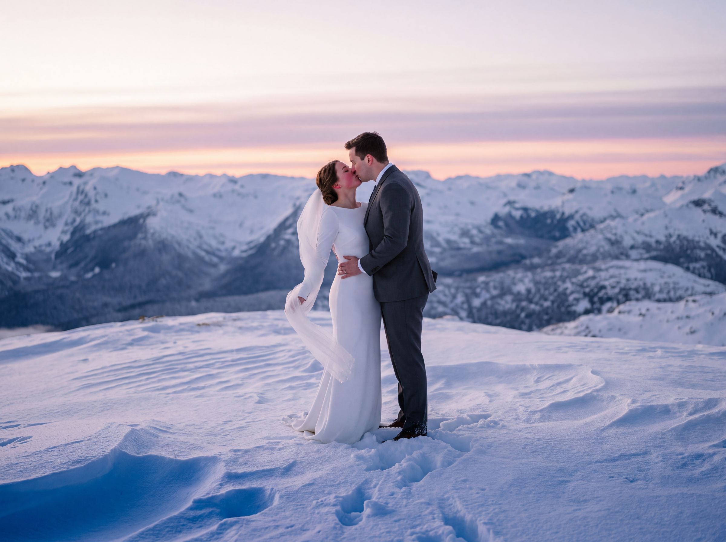 A couple in the snow with glaciated peaks behind them near Whistler at sunset