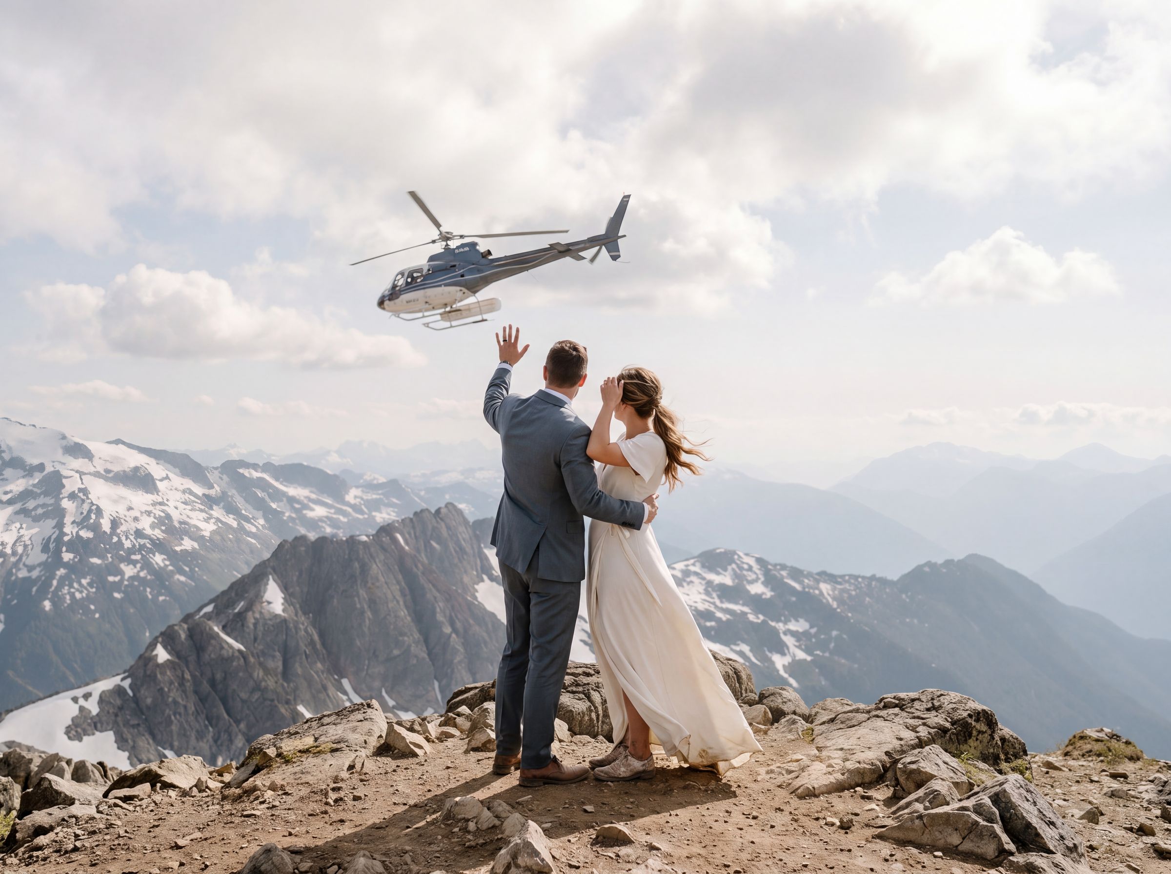 A helicopter flying past a couple standing on a summit ridge above the clouds