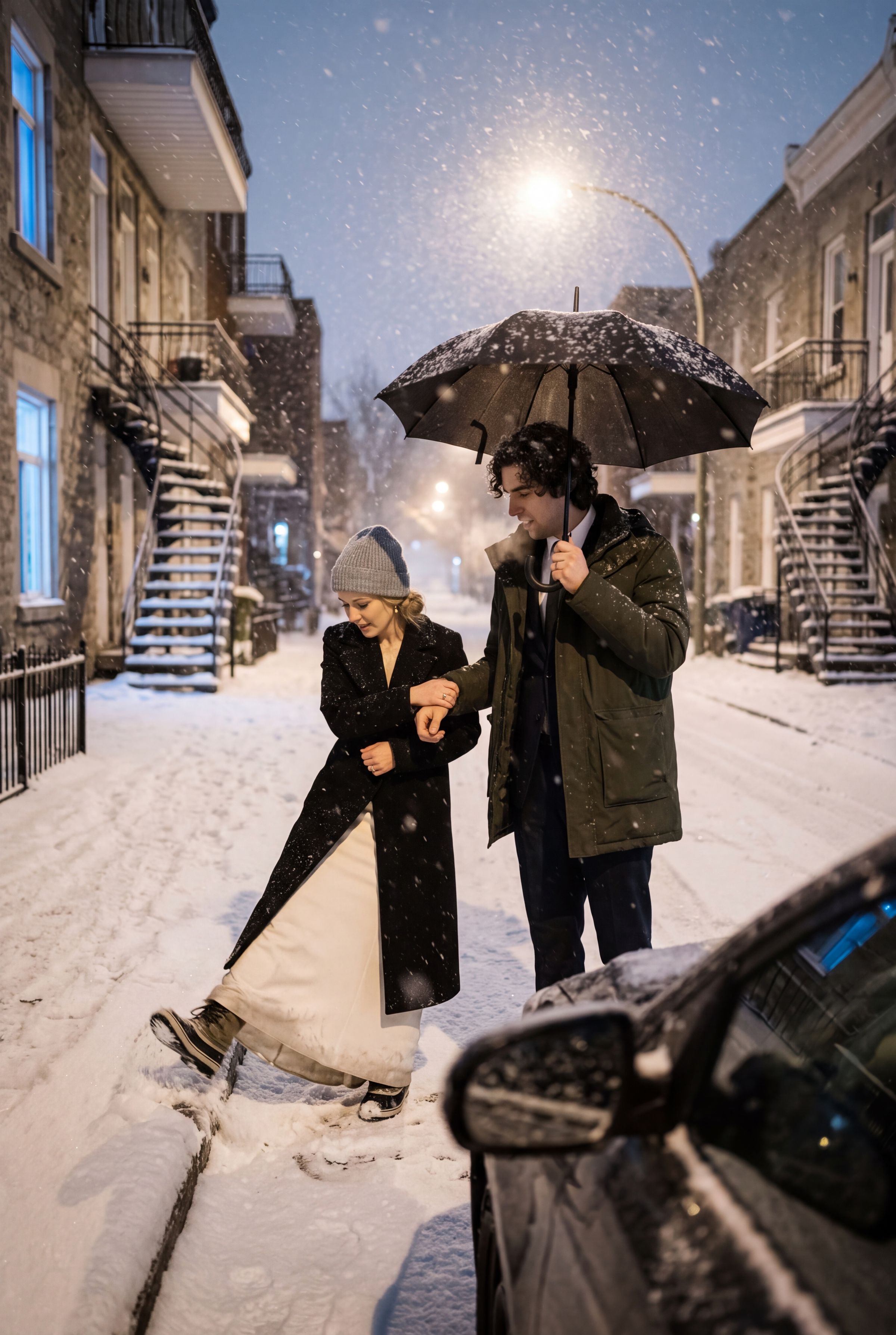 Couple sharing an umbrella in falling snow on a Montréal street of exterior staircases