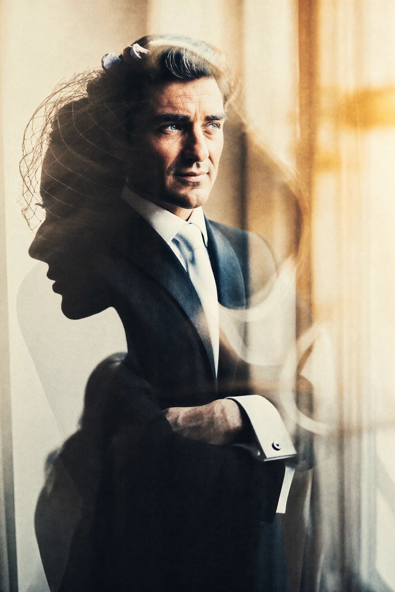 Double exposure of a groom in a dark suit layered with his bride's veil in window light