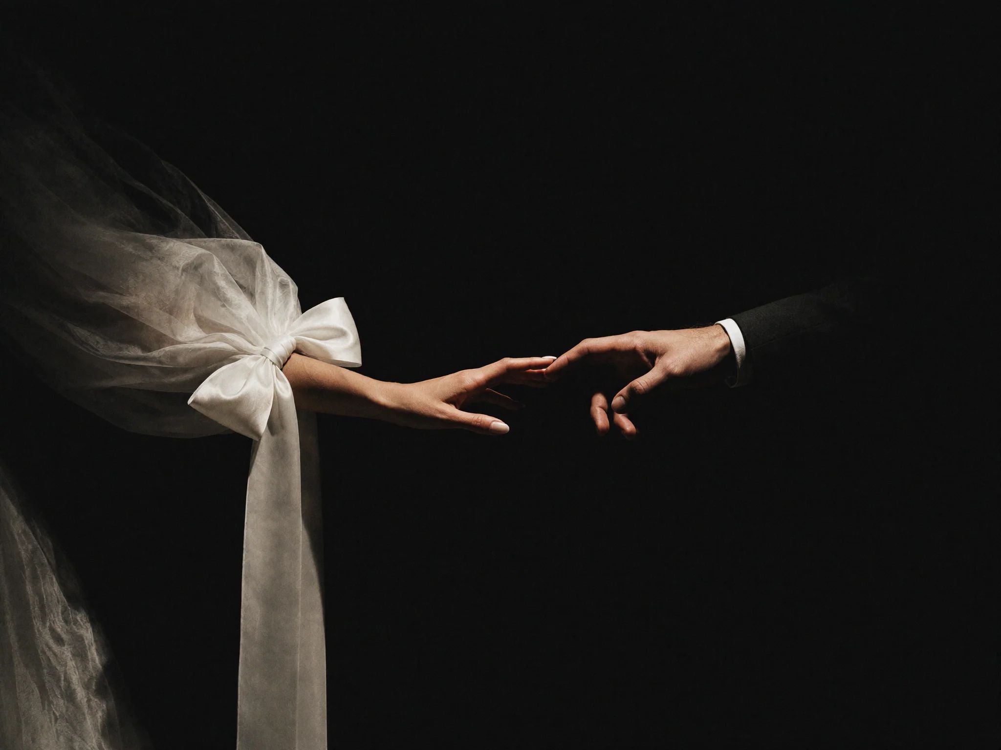 Two hands reaching toward each other across a black frame, a length of veil between them