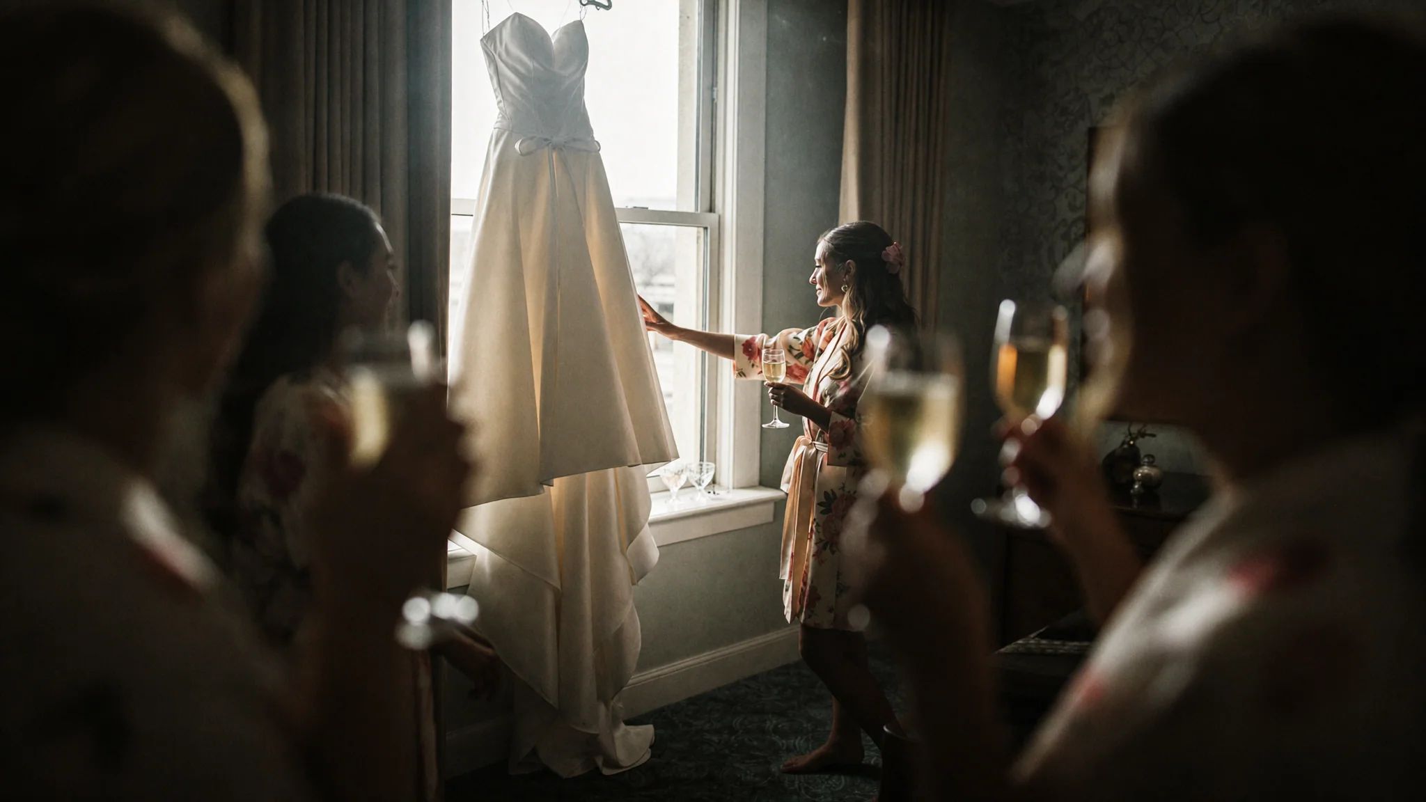 The dress hanging in a window with guests toasting in the foreground