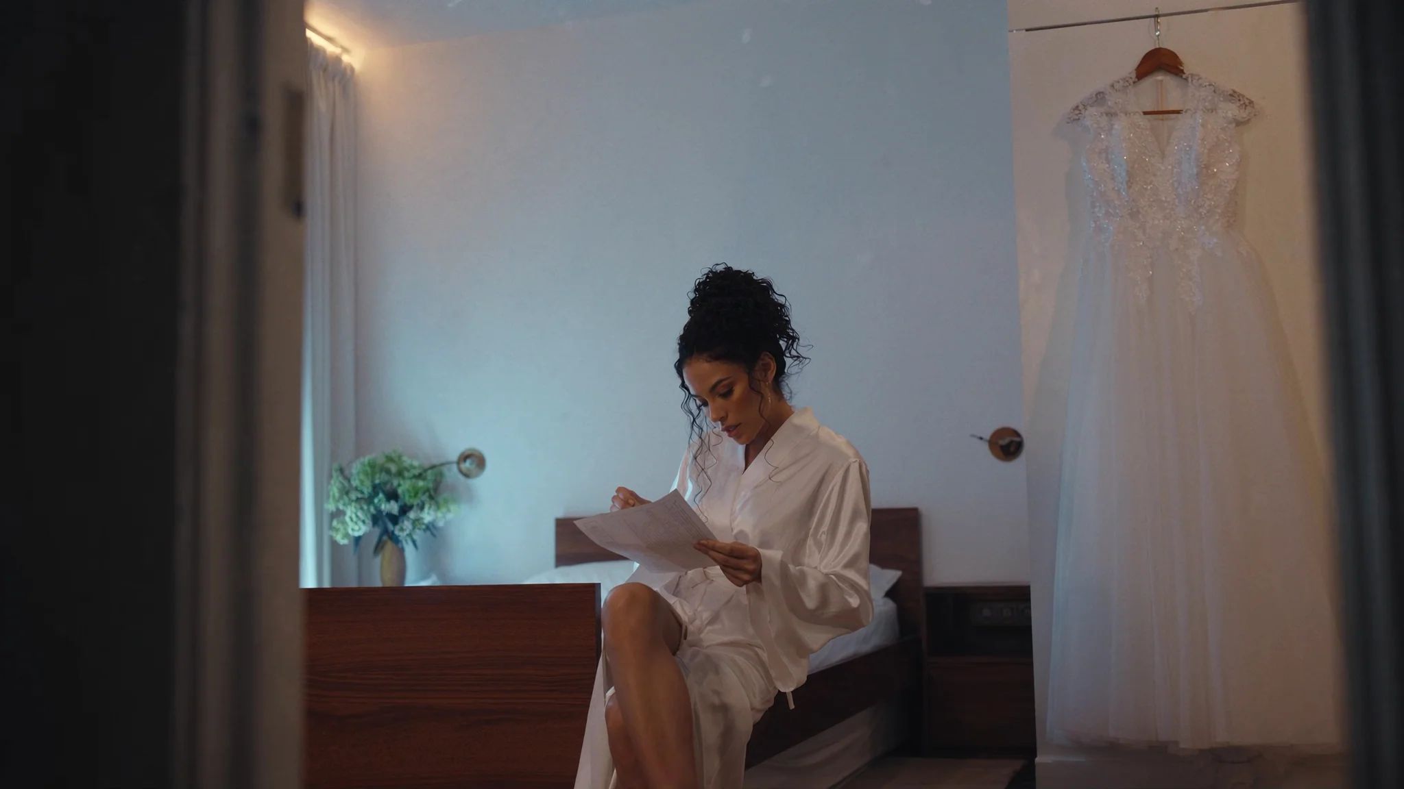Bride reading at a window in the morning with her dress hanging behind her