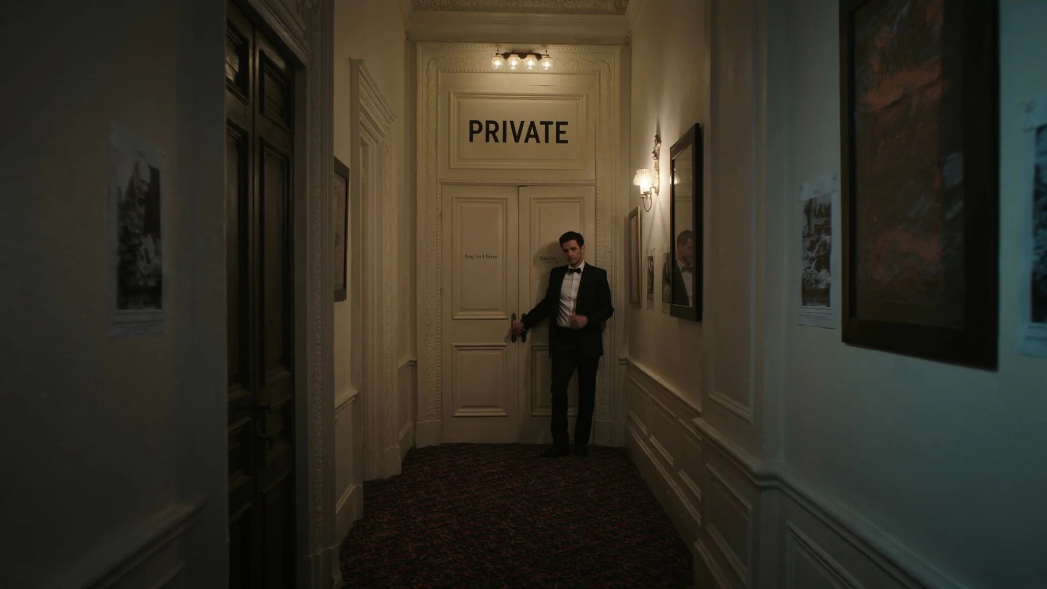 A door marked PRIVATE with the groom waiting beyond it