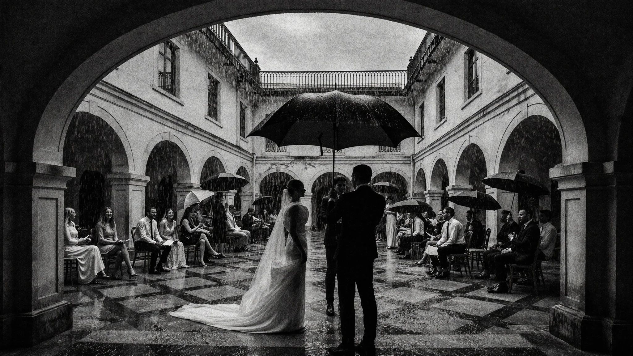 Black and white frame of a couple under an umbrella in a rainy arcade