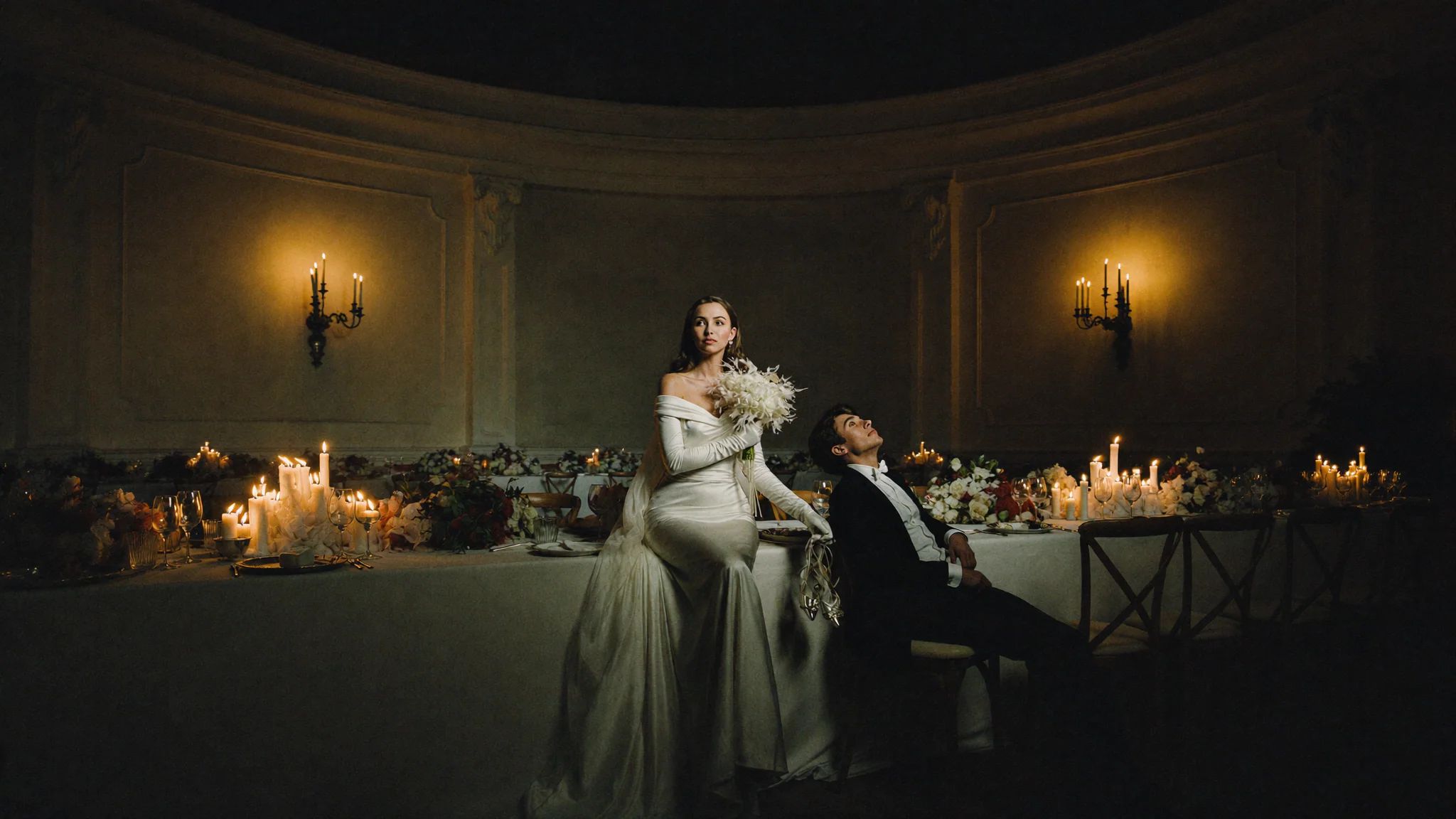 Bride standing at a candlelit head table in a warm panelled room