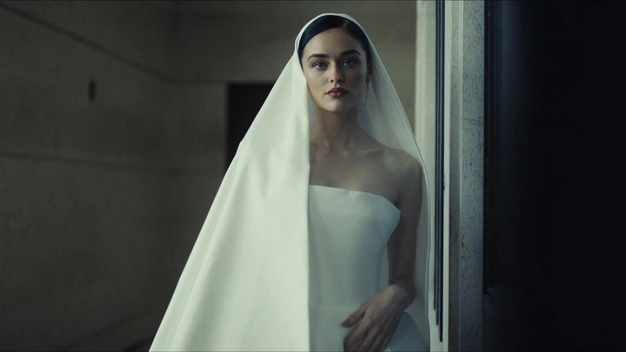 Bride standing in a doorway with the veil falling the length of the frame