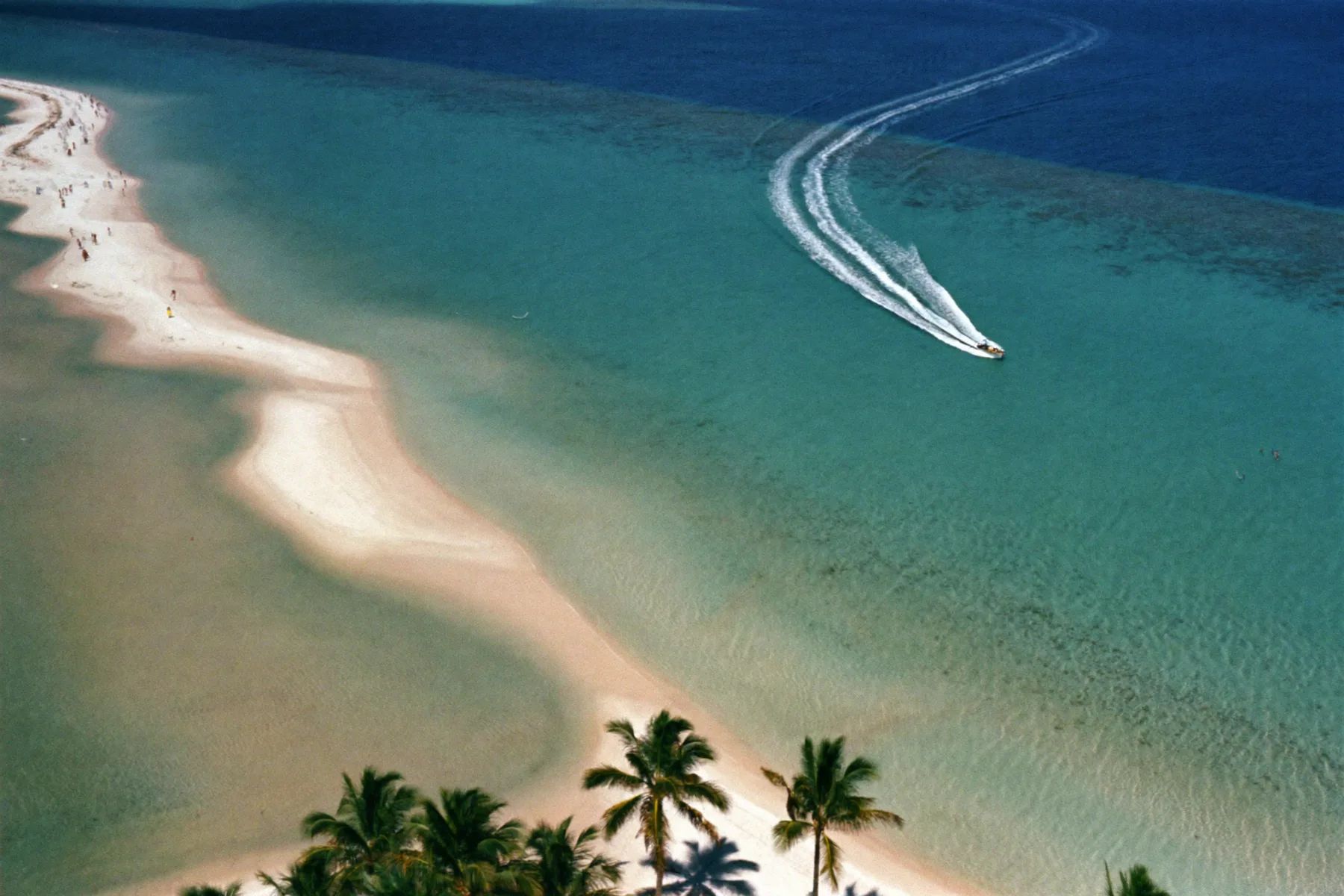 An aerial view of the Riviera Maya coastline with a boat wake in turquoise water