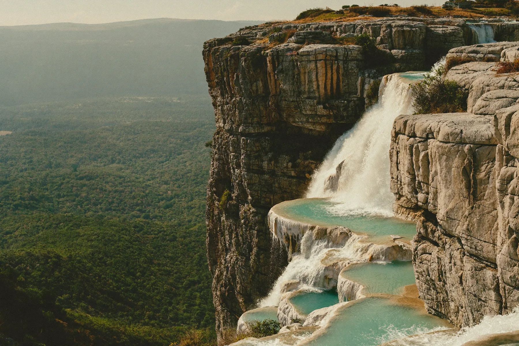 The mineral terraces and spring pools of Hierve el Agua above the Oaxaca valley